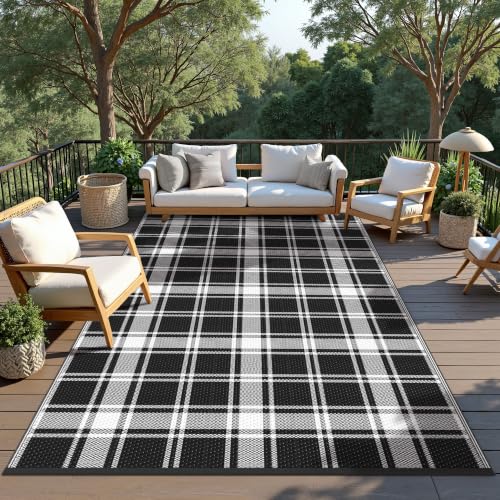 Image of GENIMO Outdoor Rug, Waterproof Plastic Rugs for Patio, 6'x9' Black Plaid | Outside Larger Modern Carpet Mat for Porch Decor, Deck, Balcony, Camping, RV, Backyard, Picnic, Beach, Reversible, Foldable