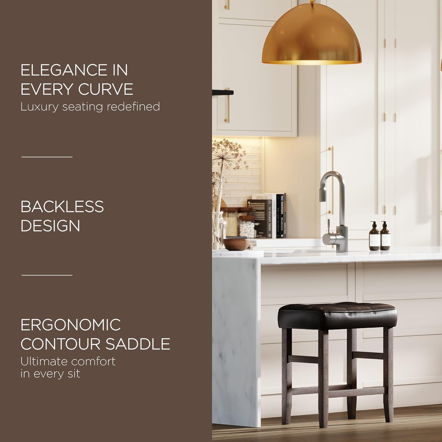 Carte: A La Carte Home Harper 26 Inch Tall Counter Height Backless Stool in True Walnut Wood Finish with Distressed Brown Vegan Leather Seat, Set of 2