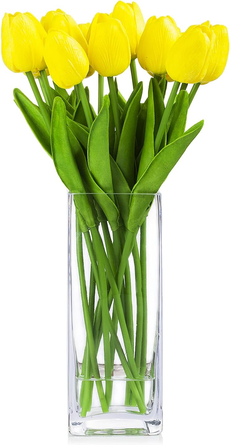 ENOVA HOME Artificial Real Touch Tulips Flower Arrangement in Glass Vase with Faux Water (Yellow)