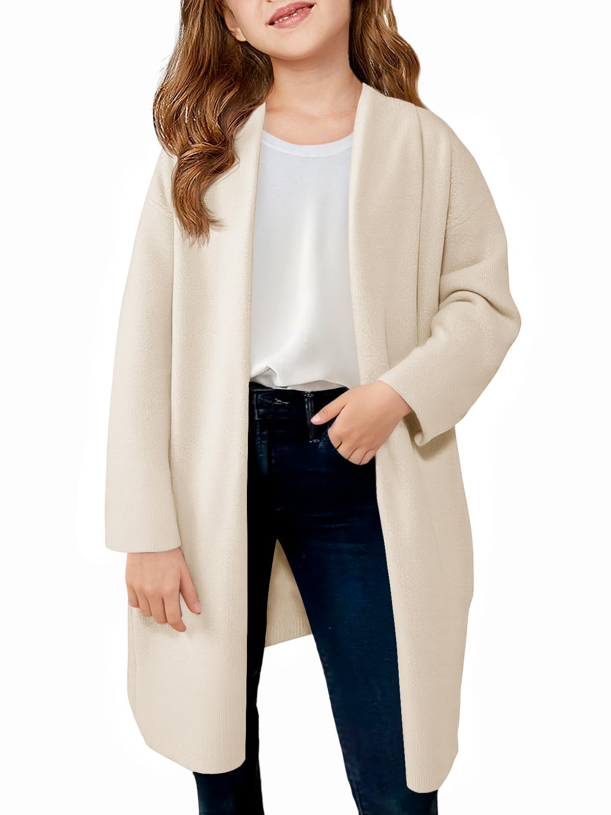 Haloumoning Maglioni cardigan lunghi da ragazza oversize capispalla aperto davanti | Cardigan lavorato a maglia oversize per bambini, capispalla morbido con tasche