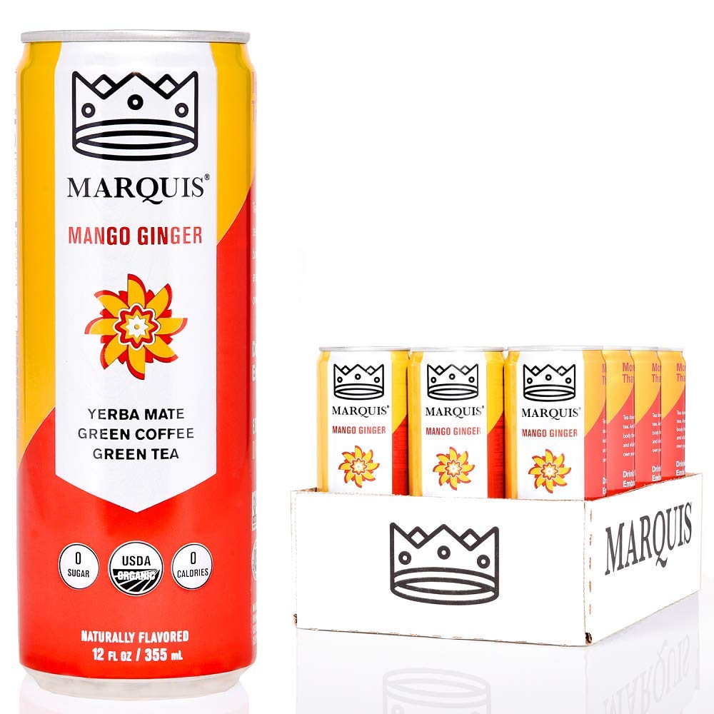 Organic Green Tea + Yerba Mate Drink by Marquis |Antioxidant Infused Sparkling Beverage | Zero Sugars, Zero Calories | Mango Ginger Flavor Super Tea | Pack of 12 (12 oz Cans)