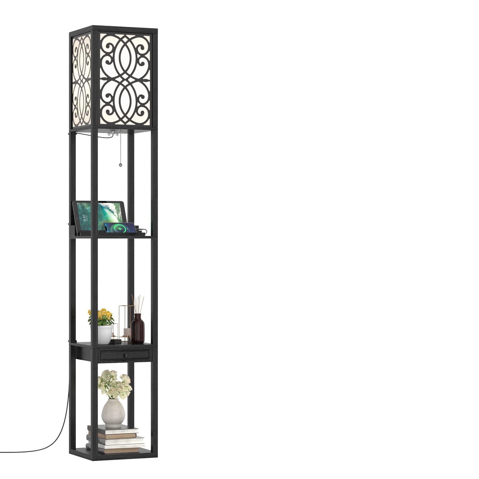 GOPLUS Lámpara de Pie con 3 Estantes Abiertos y Cajón, 2 Puertos USB, E27, Moderna para Salón, Dormitorio, Oficina, Negro, 26x26x160,5cm