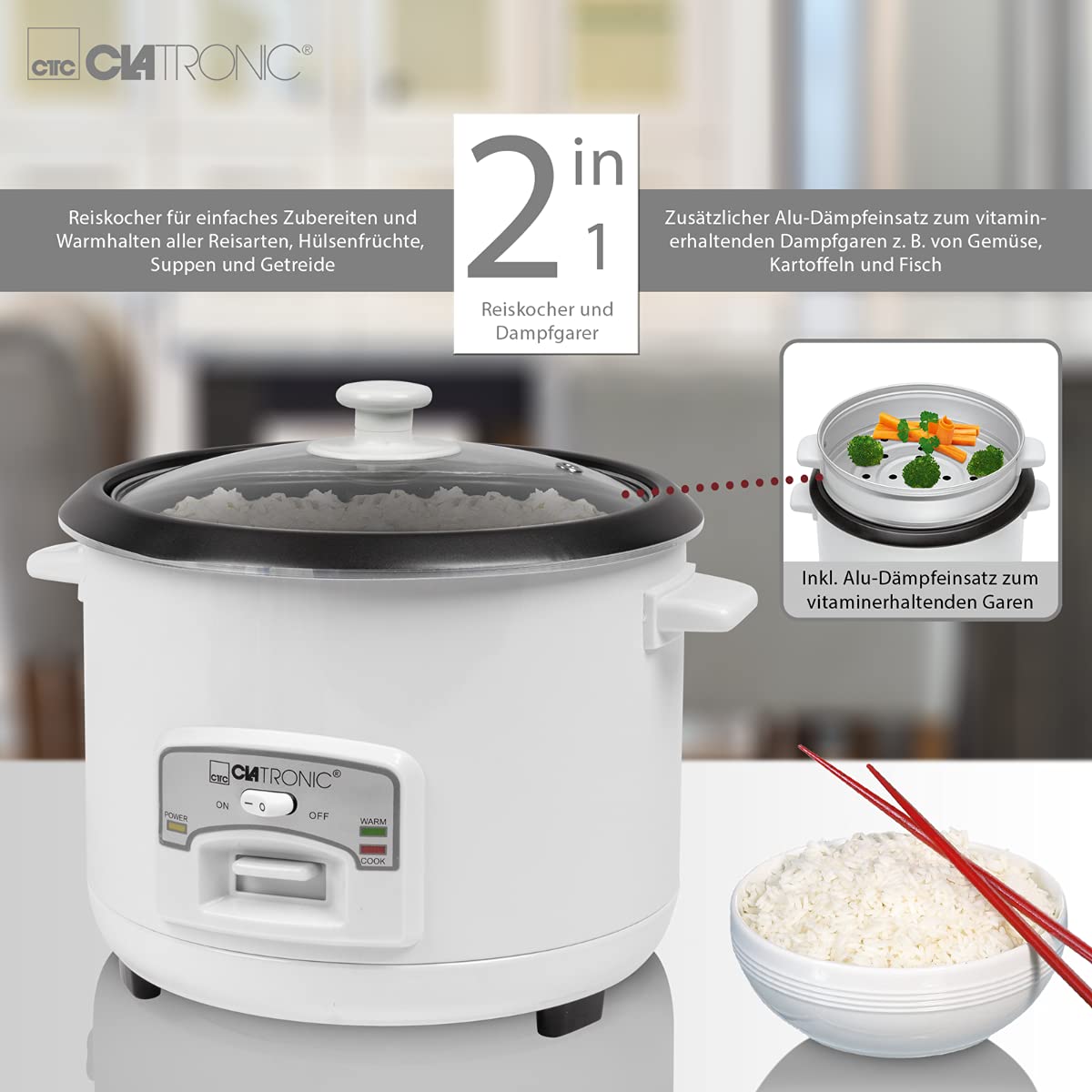 Clatronic Appareil Électroménager 2 en 1 - Cuiseur Riz à Revêtement Anti-adhesif - Cuiseur à Vapeur - Avec Panier à Étuver en Aluminium - RK 3566 Blanc