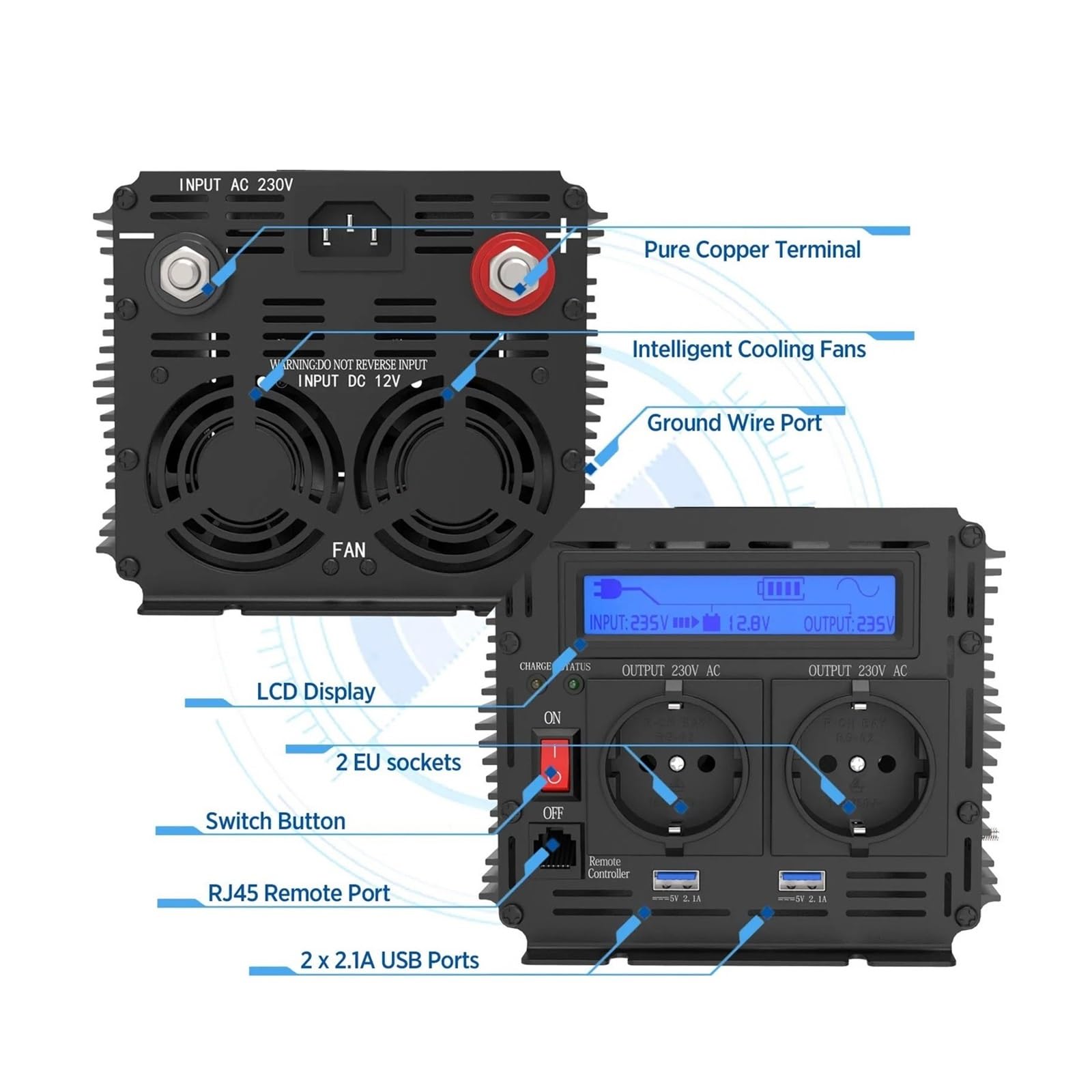 Inversor Inversor UPS con Cargador 1500 W 2500 W CC 12 V A CA 220 V 230 V Transformador De Onda Sinusoidal Pura para Uso Fuera De La Red Doméstica.(2500W)