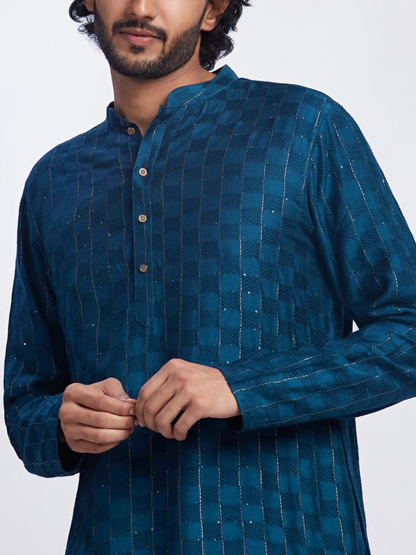 Image of KISAH Men's Kurta Churidar Set, Turquoise Blue Pure Cotton, Embroidered Regular Fit Mandarin Collar Long Sleeves (XL)