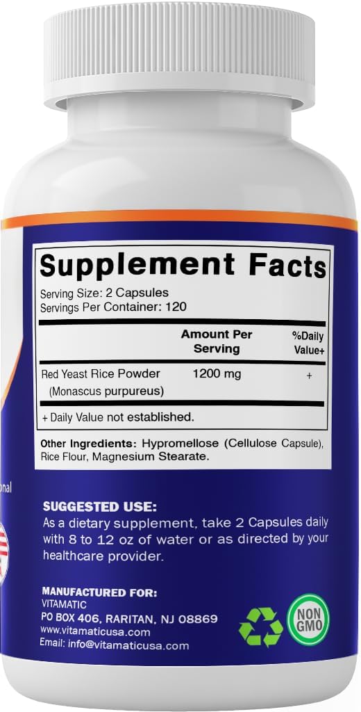 Vitamatic Red Yeast Rice 1200 mg Per Serving - 240 Veg Capsules - Made in The USA - Non-GMO & Gluten Free - Image 9