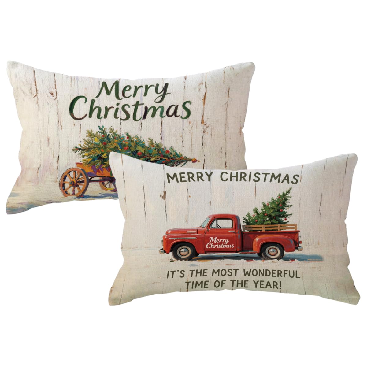 ULOVE LOVE YOURSELF 2Pack Merry Christmas Pillow Cover with Christmas Tree and Vintage Red Truck Pattern Home Decorative Rectangular/Waist Cushion