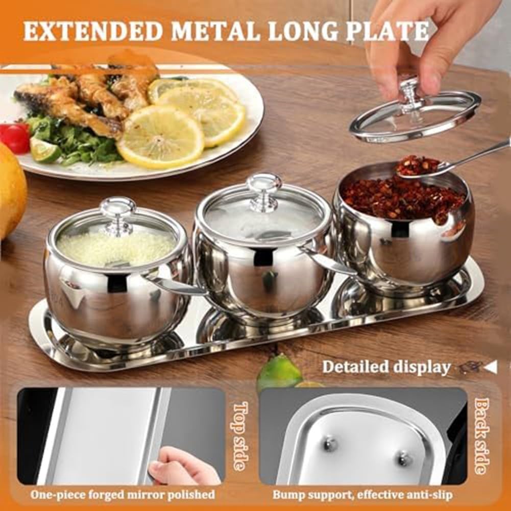Set Portacondimenti 3 Scomparti Acciaio con Coperchio - Organizer Cucina per Zucchero Sale Pepe 300ml Argento(Three)