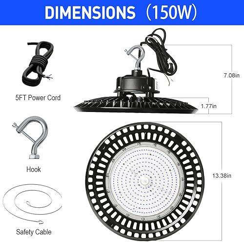 Miniatura 9 de OSTEK Luz LED de alta bahía UFO de 480 V, 240 W, 38400 lúmenes, 5000 K, 0-10 V, regulable, iluminación comercial para garaje, taller, almacén