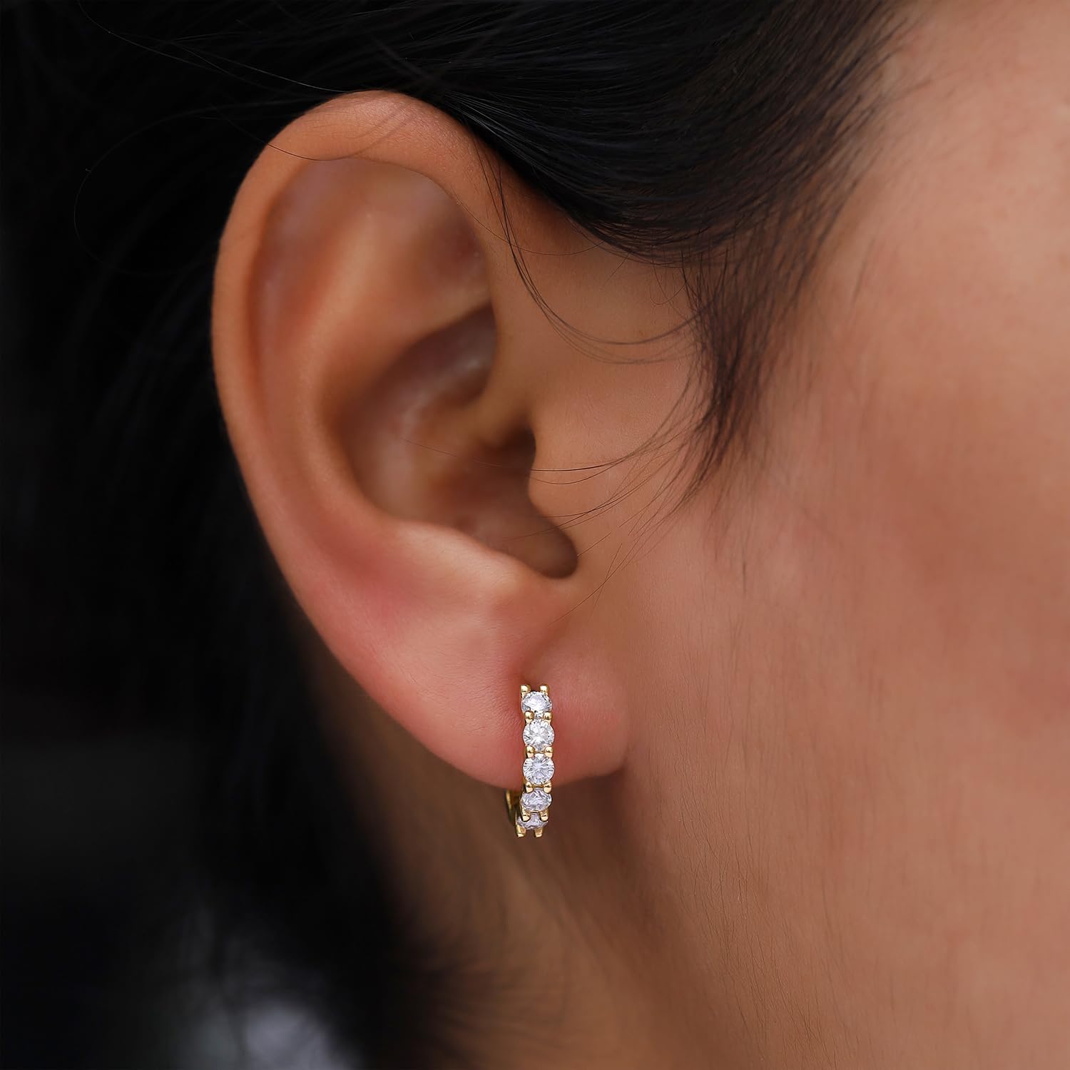 18K Gold Plated 5 Stone Hoop Earrings for Women | 2.5MM Moissanite Diamond Huggie Earrings | Cuff Earrings Huggie Stud Jewelry Gift for Her (0.55 Cttw) - Image 6