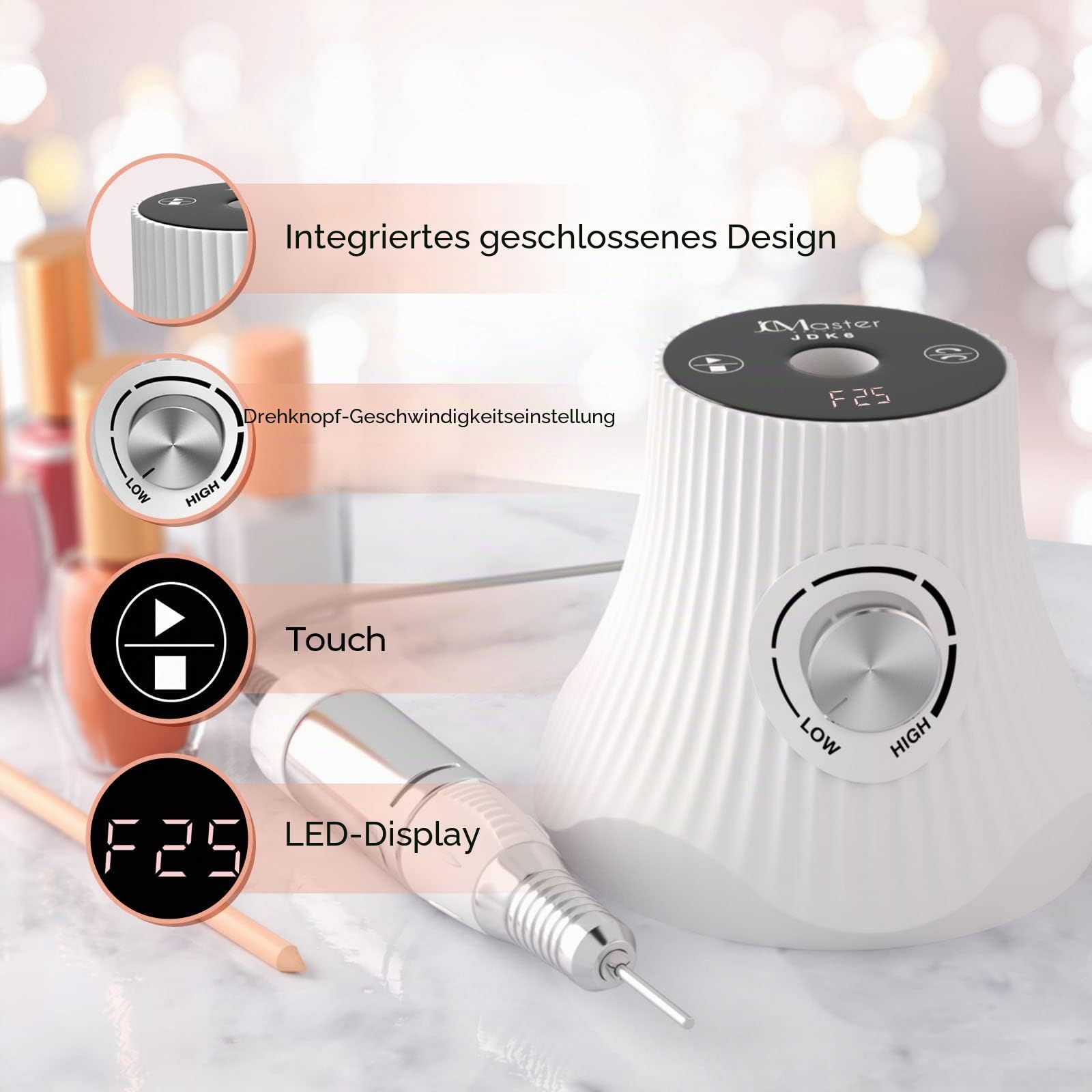 Nagelfräser JCMaster, Nagelfräser für Gelnägel 30,000 U/Min, Fräser für Gelnägel Acrylnägel inkl 4x Bits für Anfängern, LED-Anzeige Maniküre Pediküre Set für Nagelstudio
