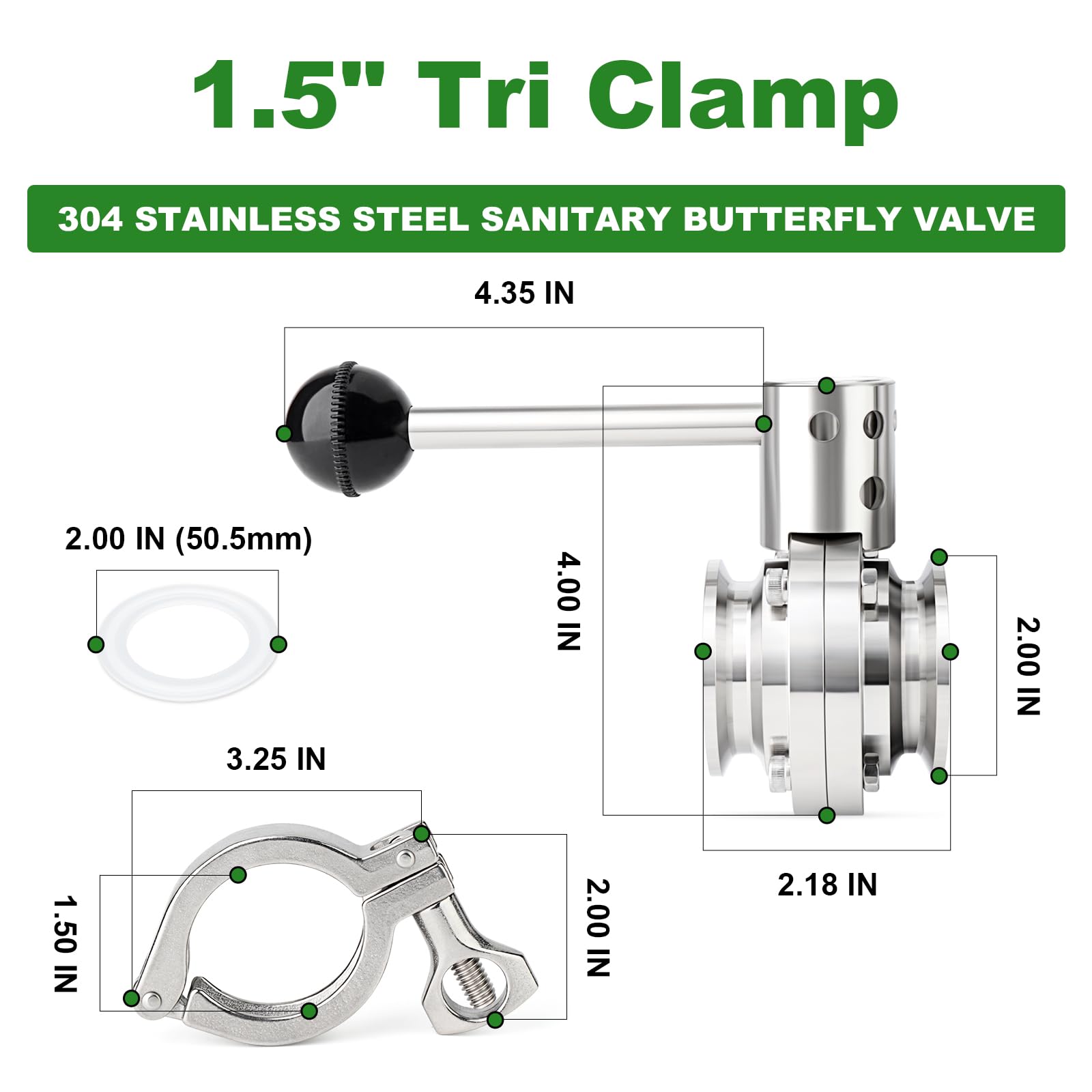 TAISHER 1 válvula de mariposa sanitaria de acero inoxidable 304 de 1.5 pulgadas con brida de virola de 50.5 mm con abrazadera triple de 2 pulgadas y junta de silicona