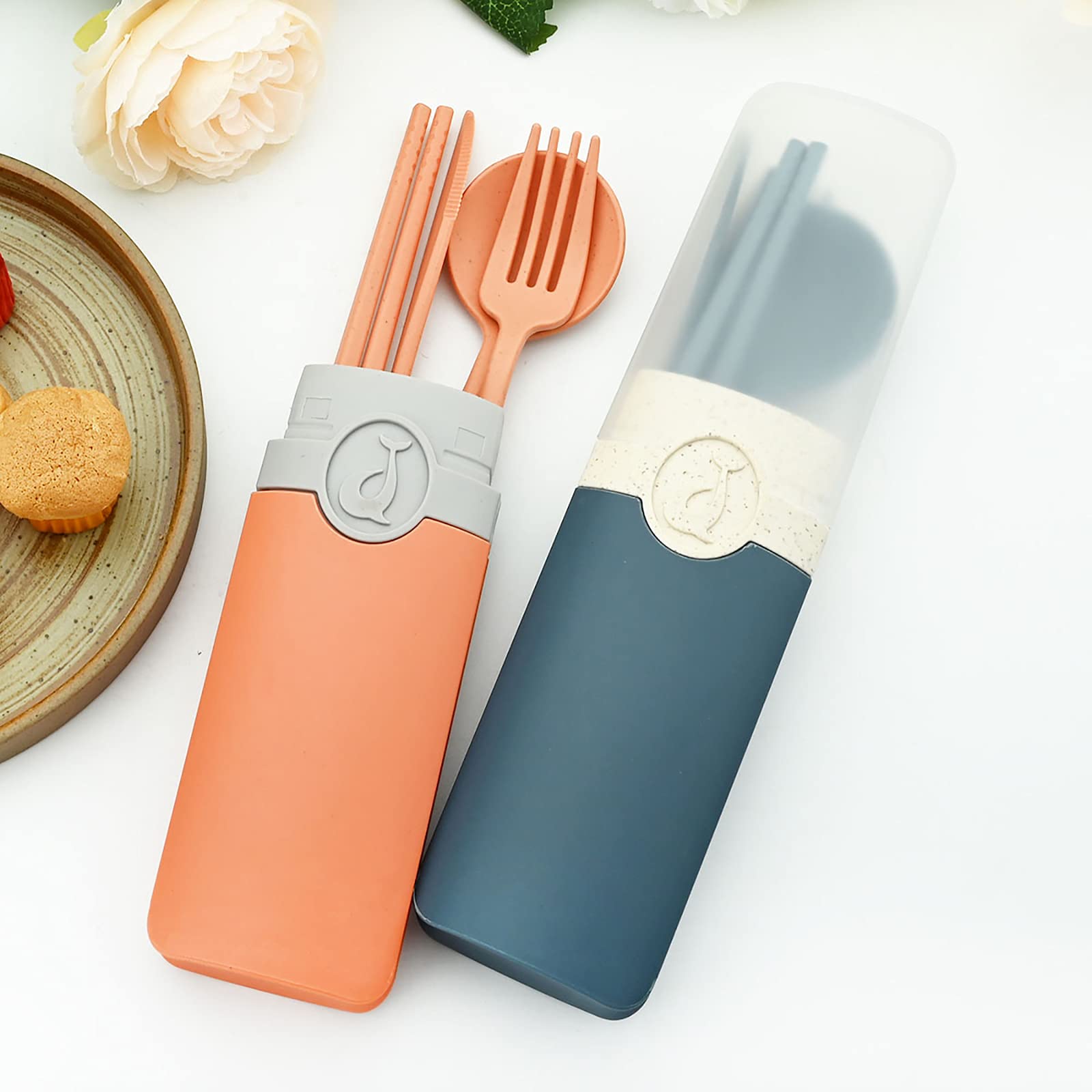 Snplowum Travel Utensil Set with Case, 2 Sets Orange Wheat Straw Reusable Spoon Chopstick Forks Tableware, Eco Friendly Portable Cutlery for Travel Picnic Camping or Daily Use