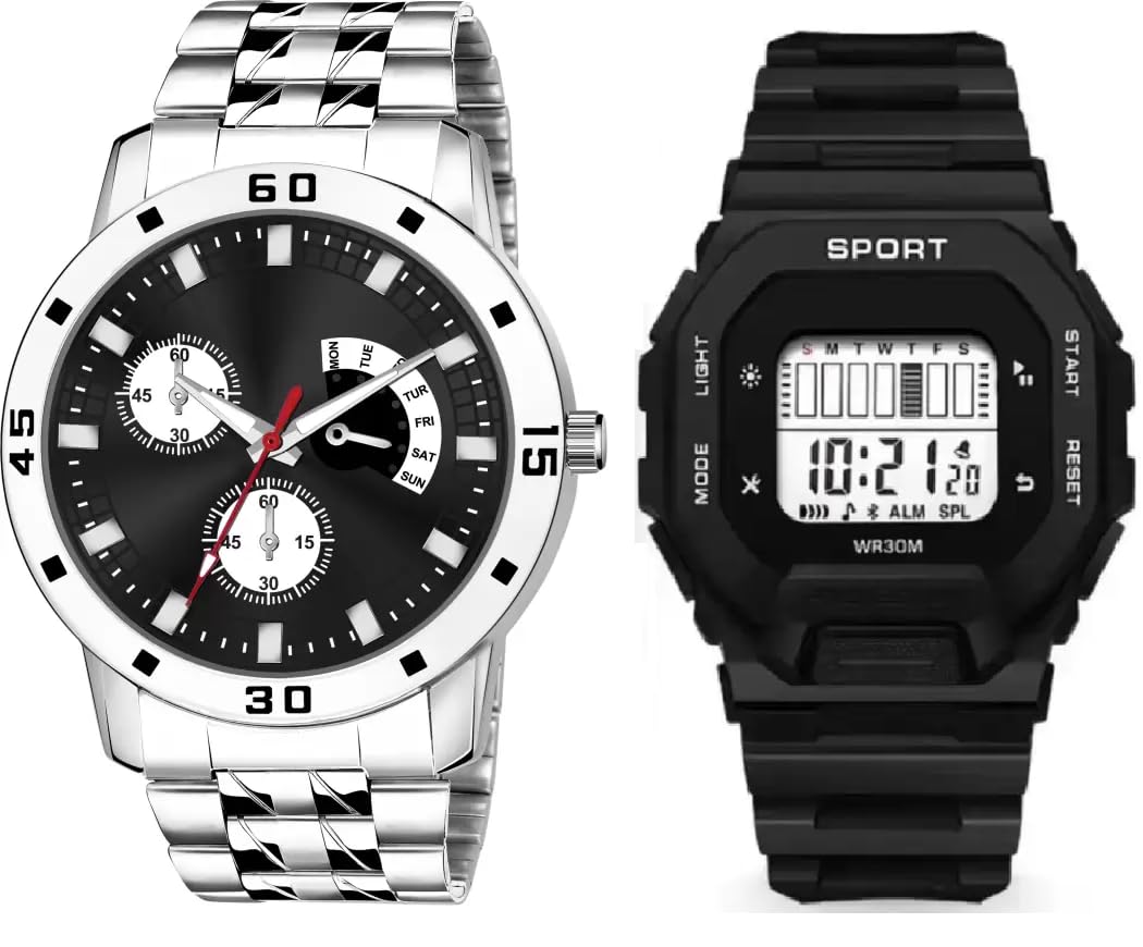 SELLORIA Premium Brand Trending Style Looking Unisex Analog with Digital Good Return Gift for Boys Analog with Digital Square Watch for Men Stainless Steel Watch for Boys Pack of 2 (Black) (B0CD7QMMQ4) Amazon Price History, Amazon Price Tracker