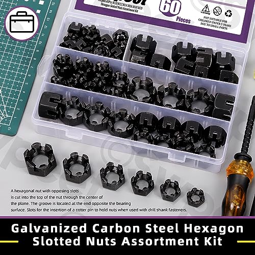 Swpeet 60Pcs 6 Sizes Black Grade 4.8 Carbon Steel M10 M12 M14 M16 M18 Hexagon Slotted Nuts Assortment Kit - Image 3