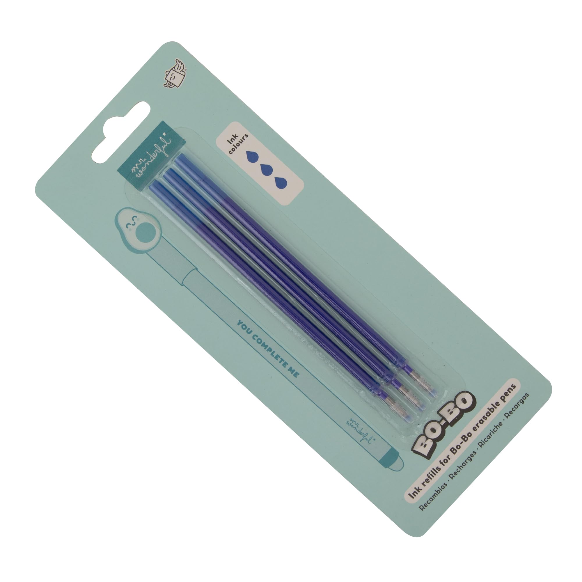 Mr. Wonderful - Juego de 3 recambios de tinta para bolígrafos borrables - Azul - Tinta de gel termosensible - Recambios de boli