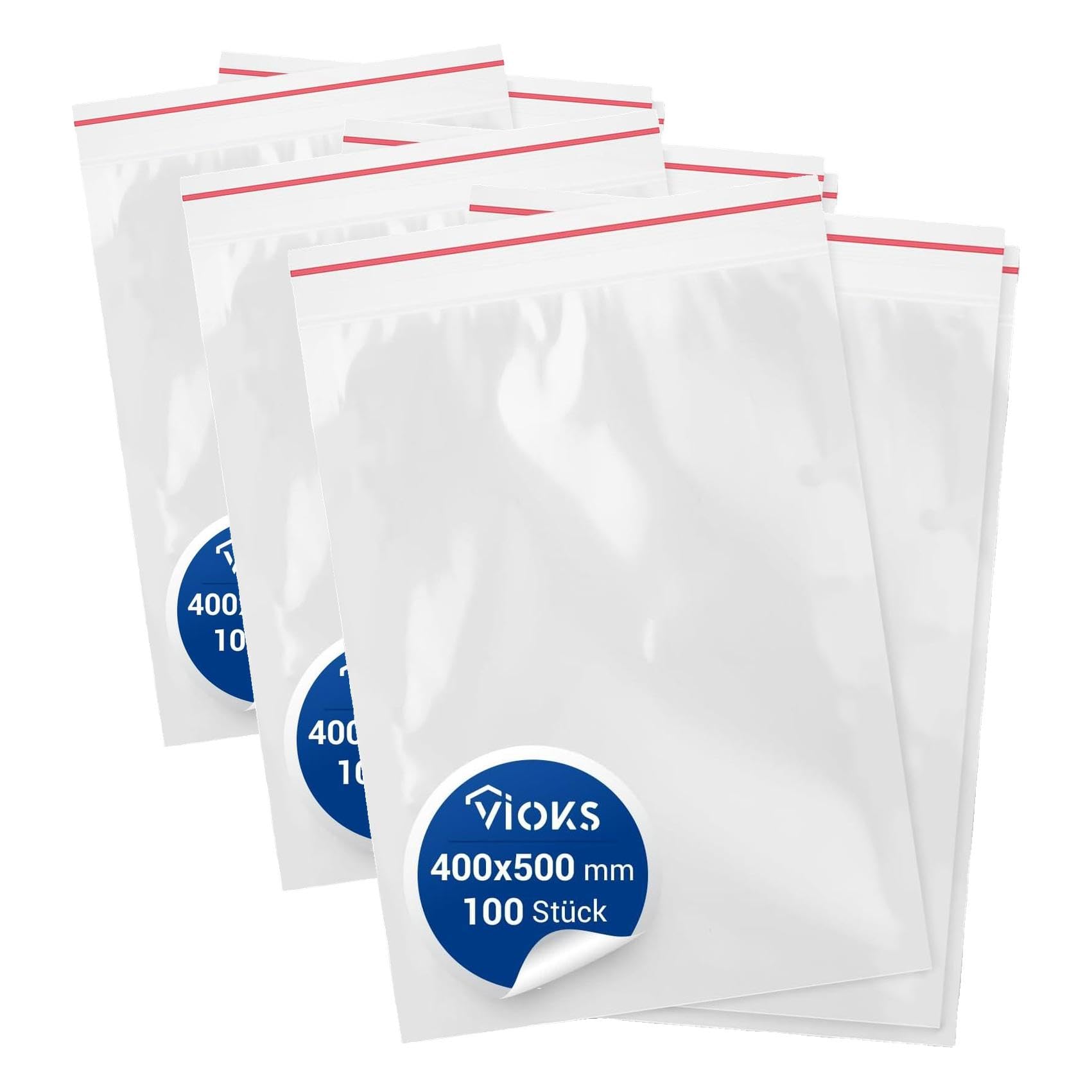 VIOKS Sacchetti con cerniera, 100 pezzi, 400 x 500 mm, 40 x 50 cm, 80 micron con chiusura a pressione, richiudibile, sacchetto di plastica impermeabile, con chiusura a pressione (Confezione da 3)