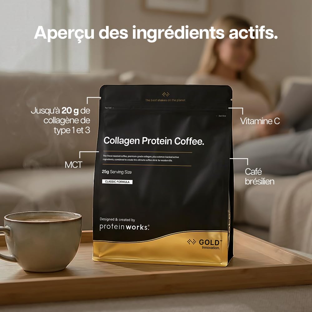 Protein Works | Café Protéiné au Collagène – GOLD Innovation, Collagène Bovin, Café Brésilien avec Collagène Hydrolysé & Vitamine C, Peptides Type 1 & 3, Latté au Caramel, 19 Portions, 475g