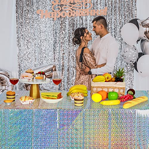 Image of FunnyPars 8 Pack Iridescent Plastic Tablecloths Shiny Disposable Laser Rectangle Table Covers Holographic Foil Tablecloth Iridescent Party Decoration