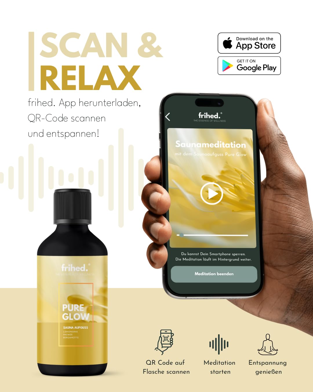 Frihed.® - Infusión para sauna de alta calidad con aplicación de meditación, infusionante para todos los tipos de sauna, fragancia duradera para sauna, aceite extra de alta calidad, idea de regalo