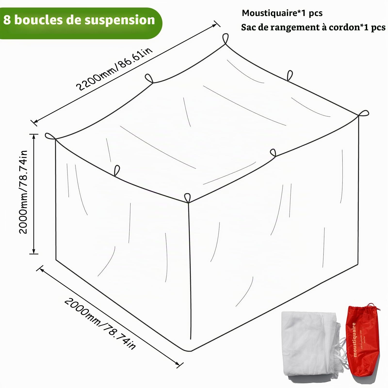 Rierousy Moustiquaire de voyage 220 x 200 x 200 cm - En forme de cube - Blanc - Lit double - Pour la maison et la protection contre les moustiques en plein air - Sac de transport, NX-wenzhang01