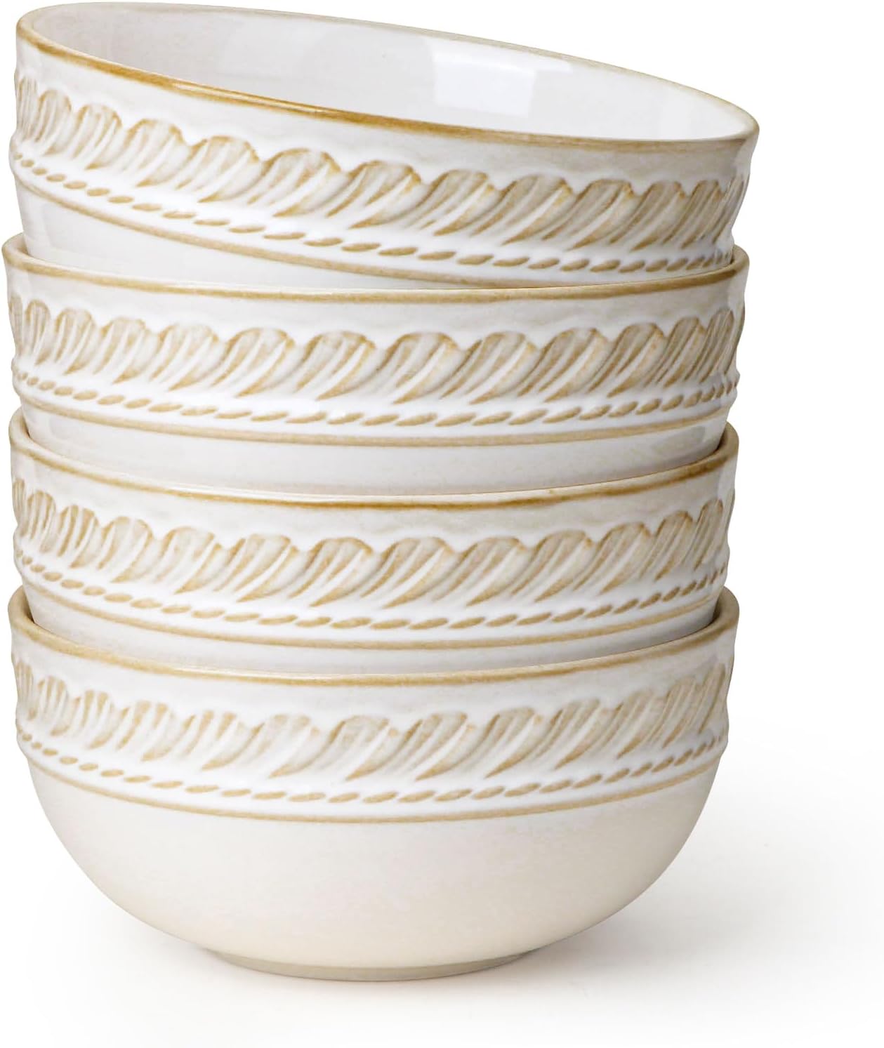 Artena Soup Bowls 32 OZ, Cereal Bowls Set of 4, Embossment Ceramic Ramen Bowls & Ramekins, Ramekins Oven Safe, Creme Brulee Ramekins, Embossed White Ceramic Ramiken