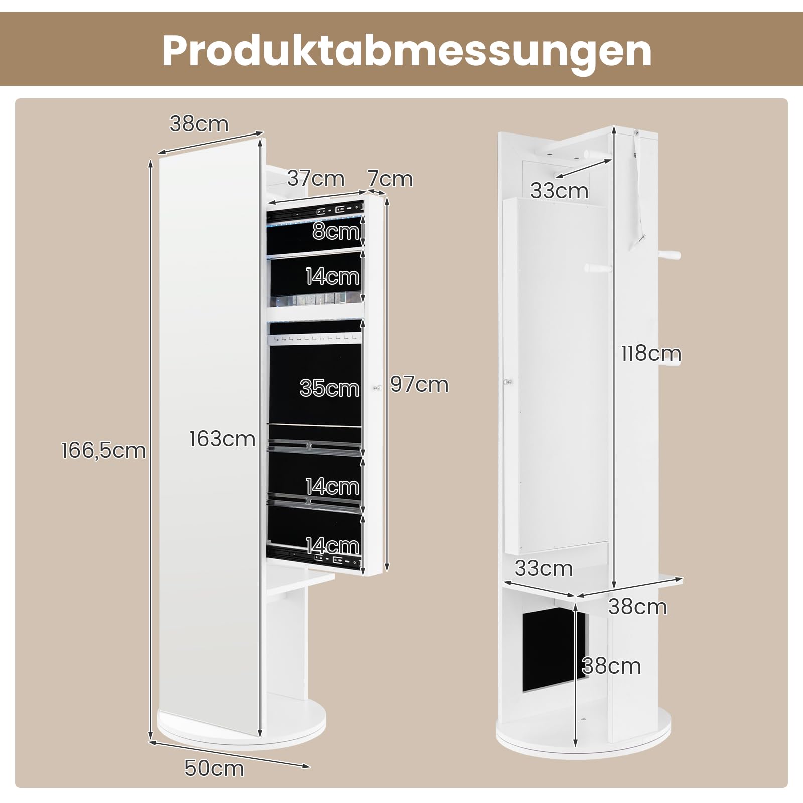 COSTWAY Schmuckschrank mit Spiegel, freistehender Spiegelschrank 360°drehbar mit LED-Leuchten, Schmuck-Organizer Schmuckaufbewahrung für Schmuck & Kosmetik