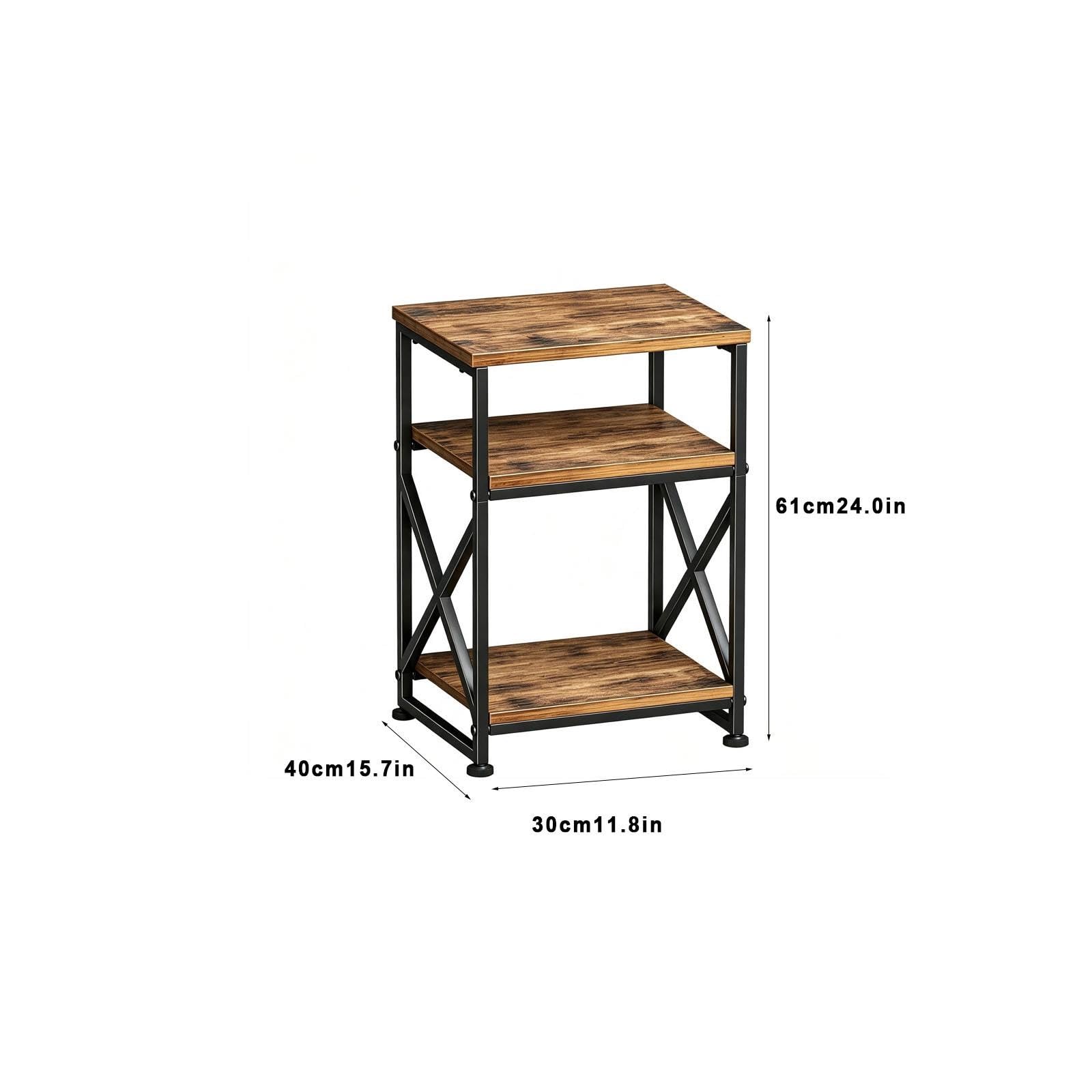 Tavolino Laterale, Scaffale 3 Livelli, Comodino, Marrone Rustico
