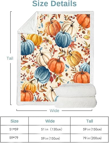Miniatura 6 de Manta de calabazas de otoño, naranja, blanco, azul, calabazas, hojas y bayas, suave y cálida manta de forro polar para sala de estar, sofá, cama,