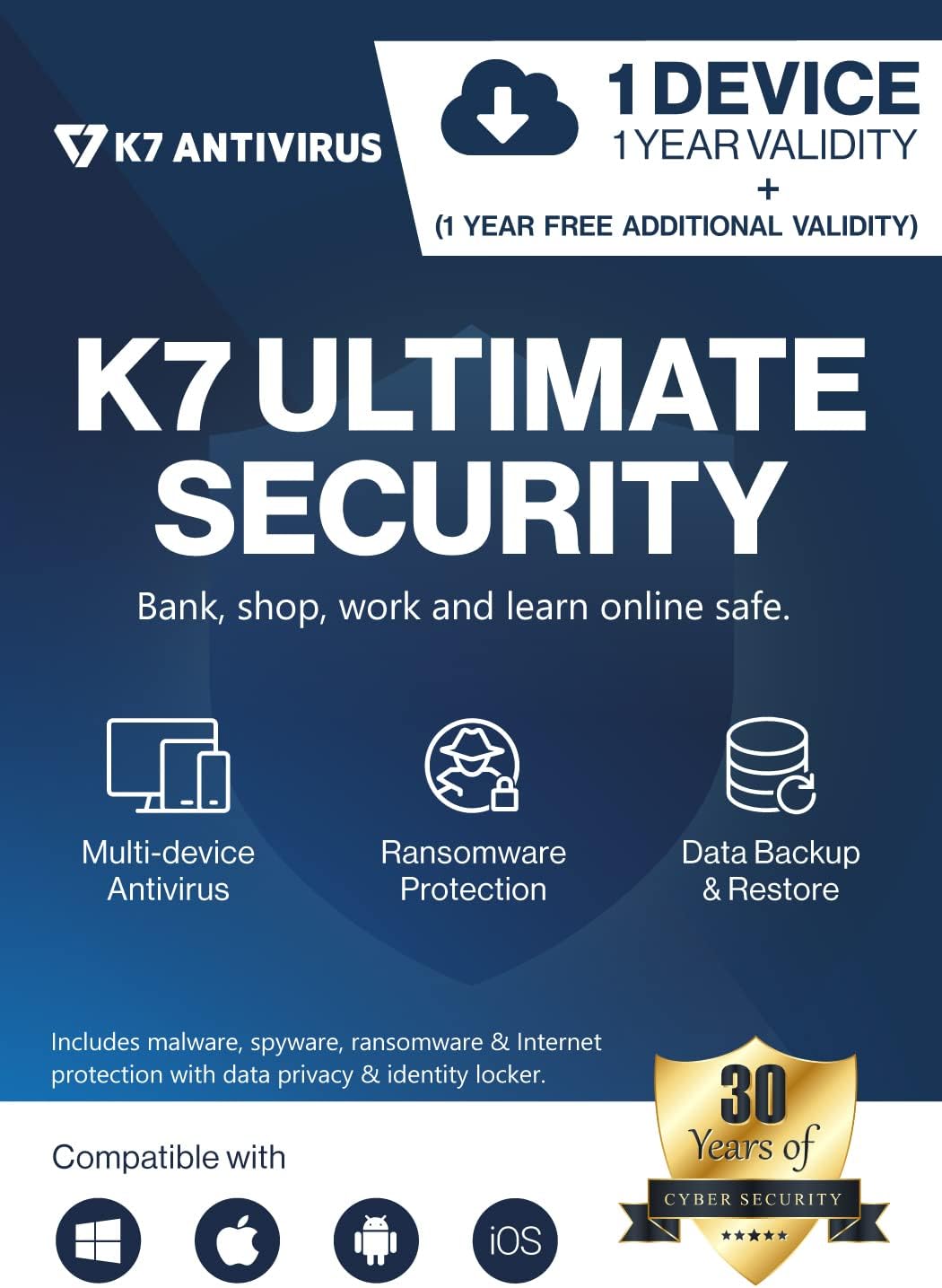 K7 Ultimate Security Antivirus Software 2026 | 1 Device, 2 Years |Threat Protection,Internet Security,Data Backup,Mobile Protection|Windows laptop,PC, Mac®,Phones,Tablets