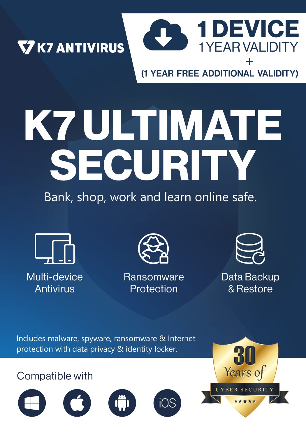 K7 Security Antivirus Software 2023 | 1 Devices ,2Year| Threat Protection, Internet Security, Mobile Protection| Windows Laptop, Pc, Mac, Phones, Tablets| 2Hr Email Delivery-No Cd