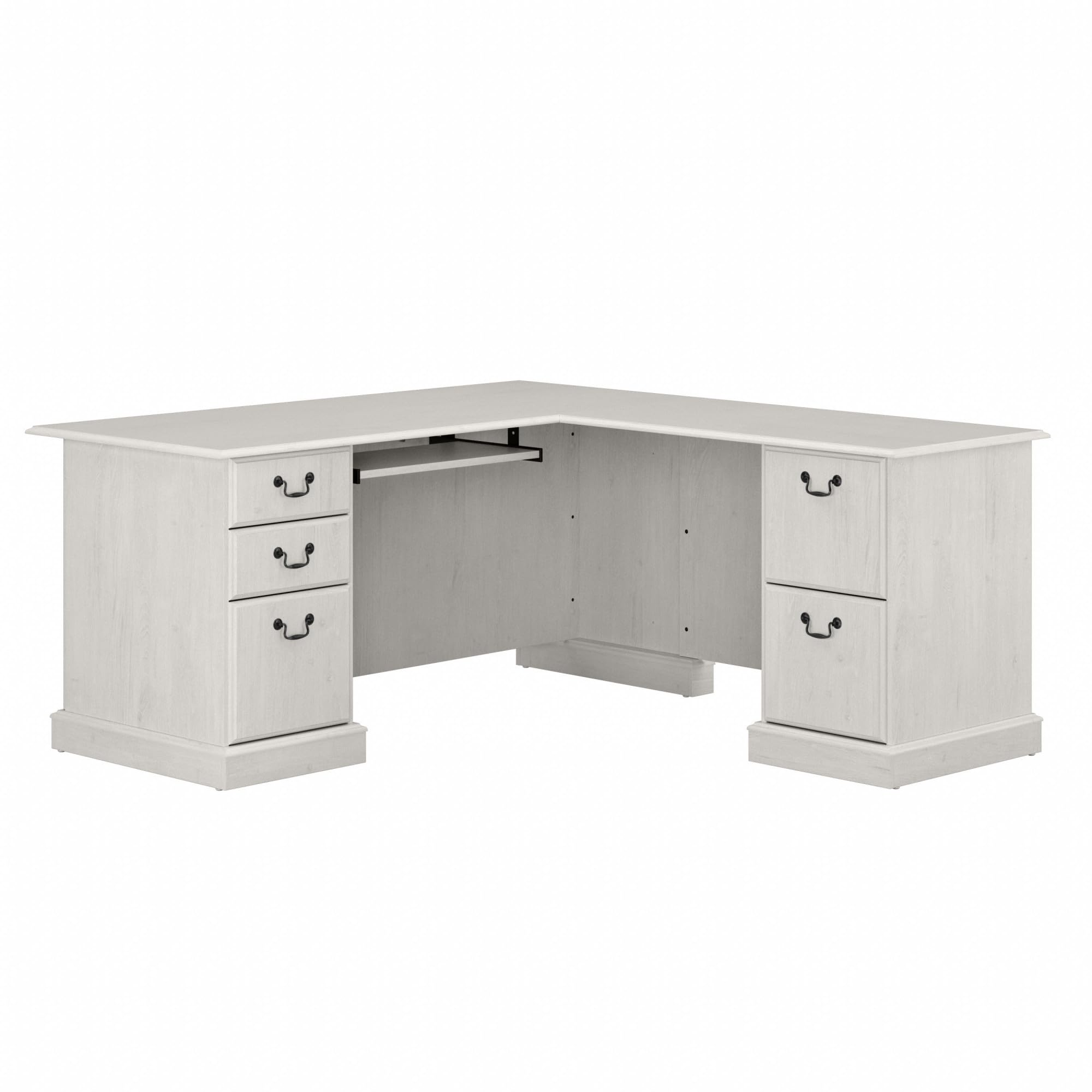 Bush Home Saratoga L Shaped Computer Desk with Drawers and Storage in Linen White Oak | Large Corner Office Table for Workspace