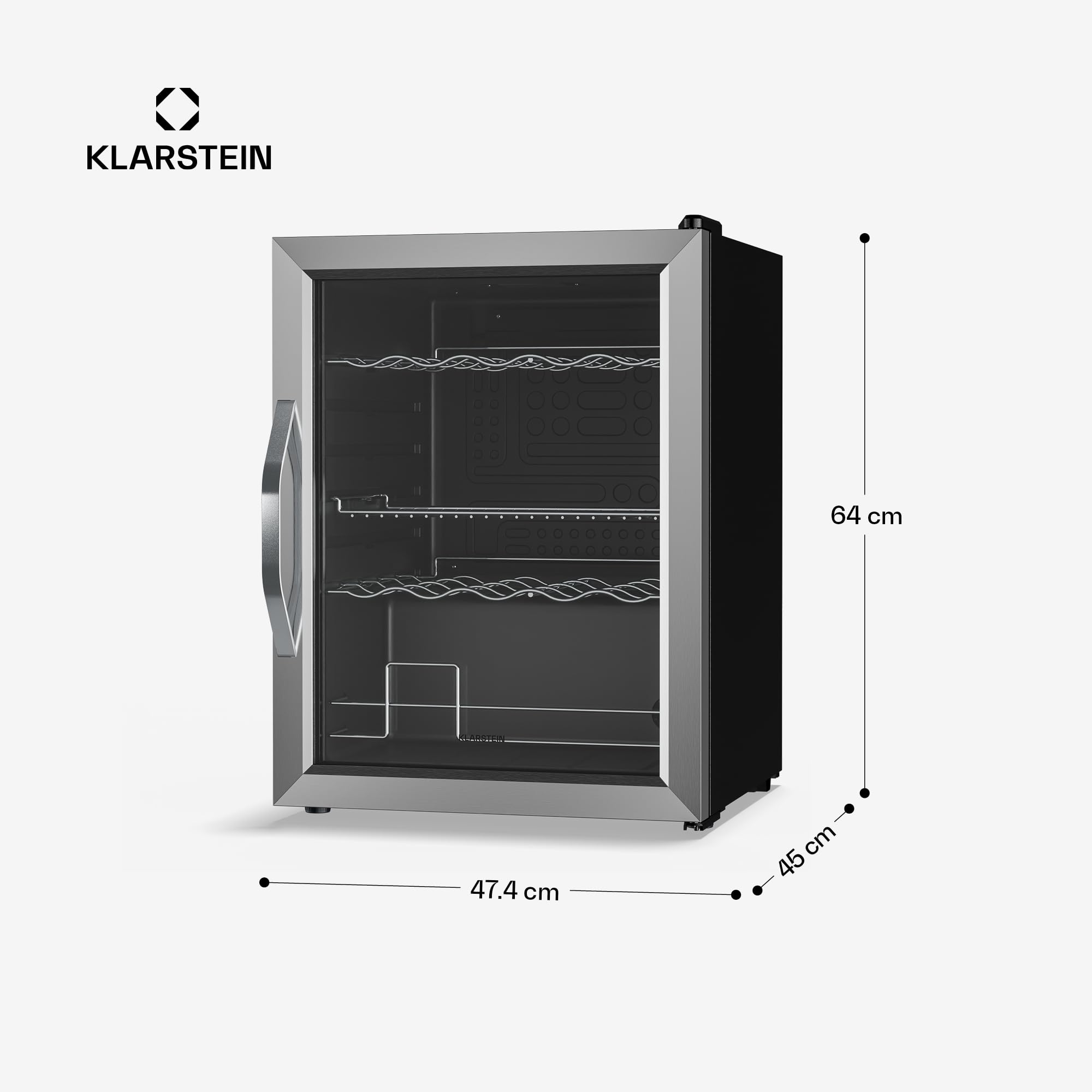 KLARSTEIN Frigo Vetrina Bibite 60L - Porta in Vetro Doppio Isolamento, LED, 0-13°C, 3 Ripiani Regolabili, Frigorifero Vetrina Bibite, Temperatura Precisa, Design Moderno