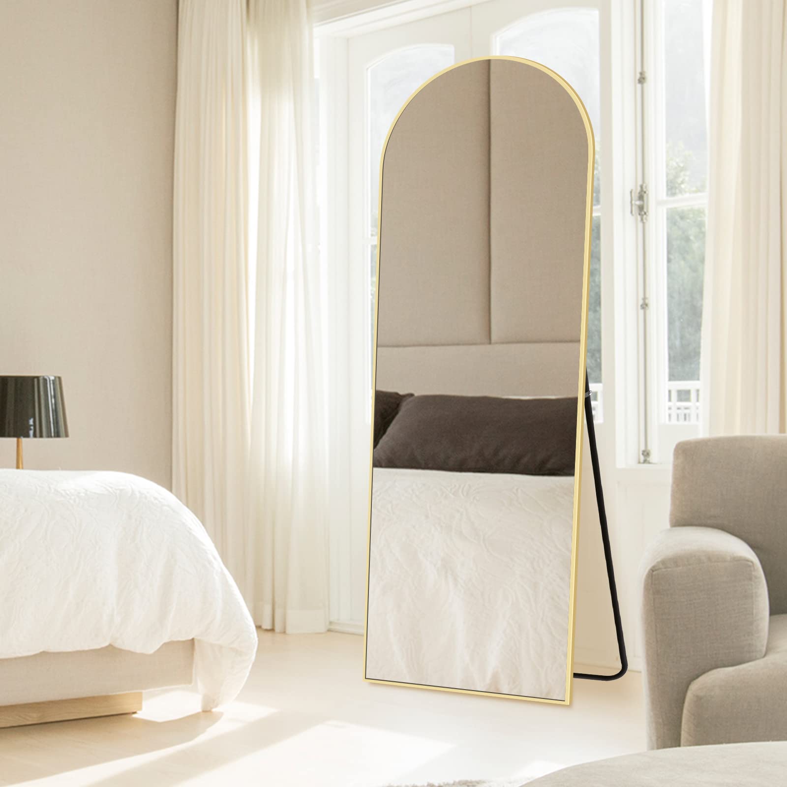 NISHCON Arched Full Length Mirror 64"x21", Gold Aluminum Frame Floor Mirror with Stand, Free Standing or Wall Mounted or Leaning Against Body as A Dressing, Vanity Mirror