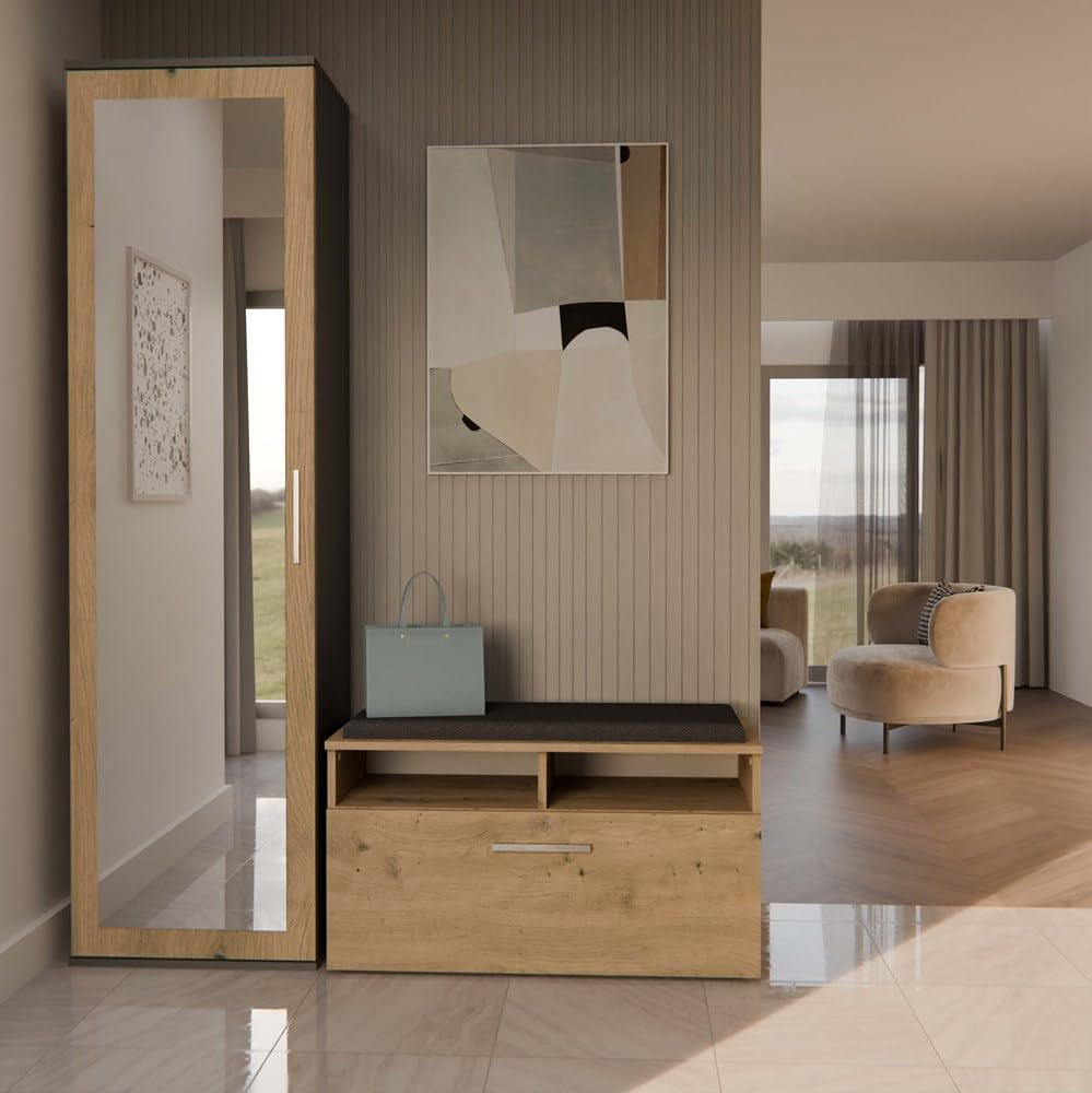 CDF ATARA - Placard de hall avec grand miroir - 180x50x35 cm - 2 étagères + espace de suspension - Meuble de hall