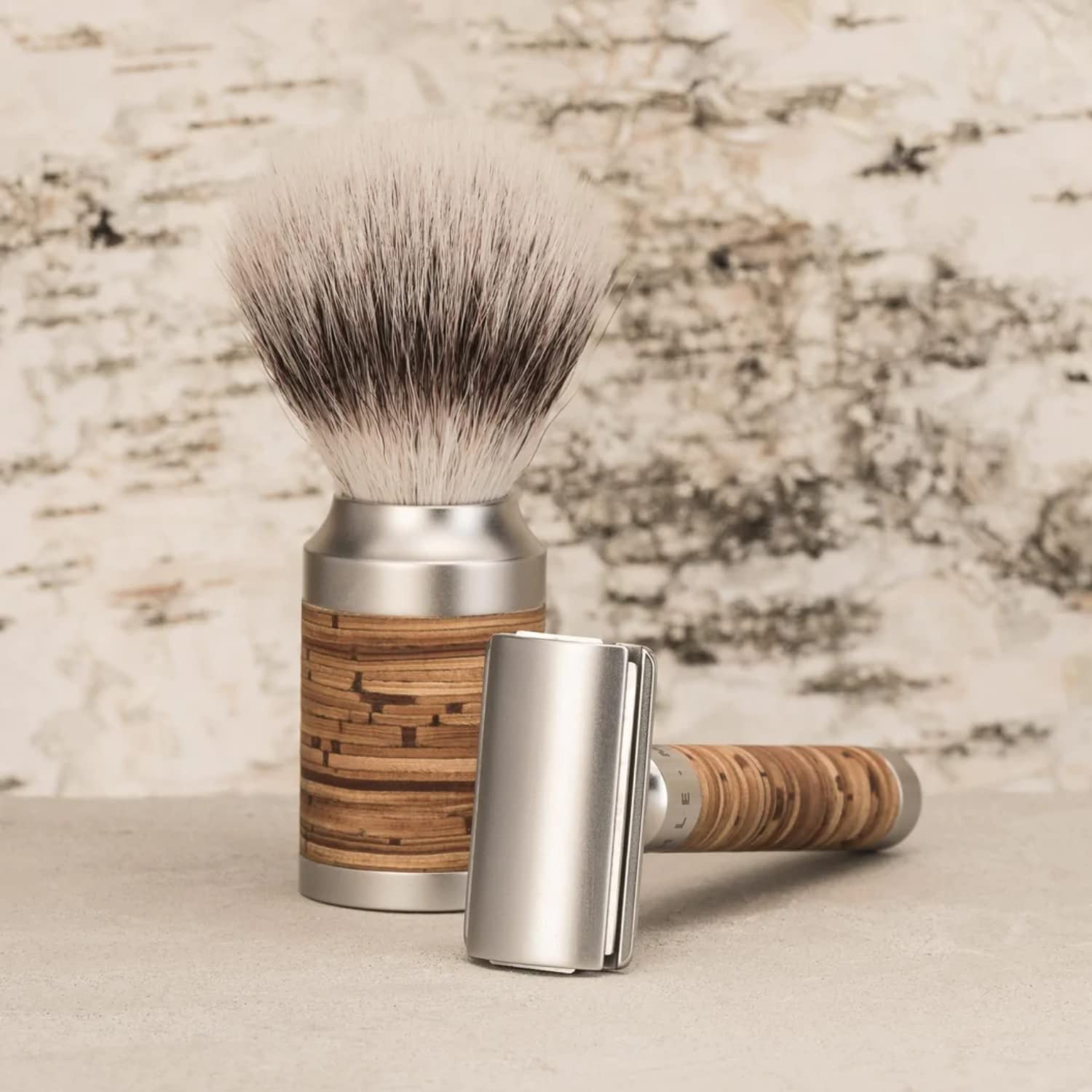 Mühle s091m95 Set de rasage Rocca, 3 pièces, manche du rasoir et monture du blaireau écorce de bouleau