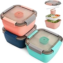 3 Set Salad Container for Lunch, Salad Bowl with Lid, Bento Lunch Box 3-Compartment Salad Dressing Containers to Go Food Container, Built in Reusable Spoon, BPA-Free, Microwave Safe
