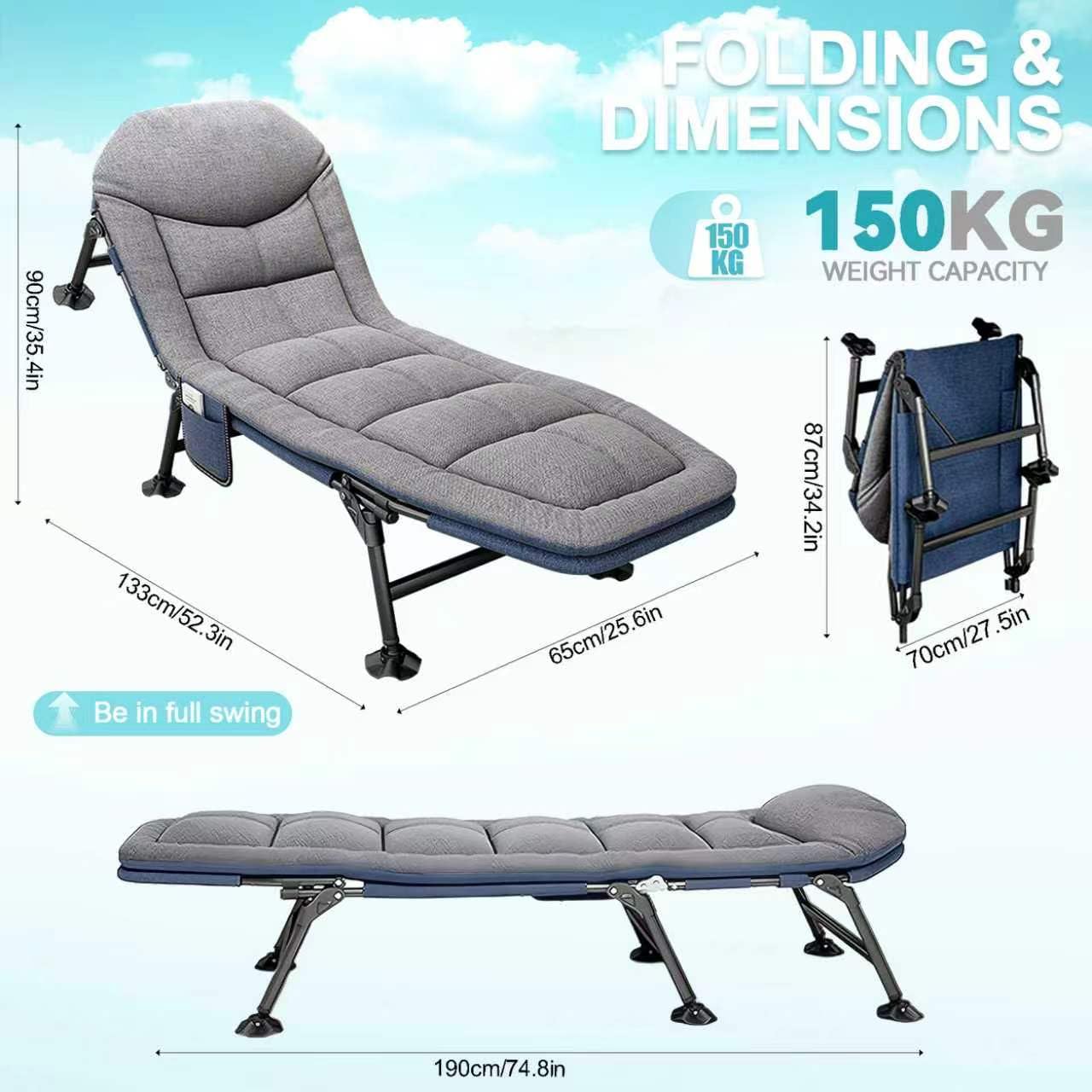 Letto da campeggio pieghevole con cuscino cervicale e tasca laterale, 190 x 65 x 30 cm, portata fino a 150 kg, pieghevole, leggero, scomparto regolabile, pieghevole per giardino, viaggi