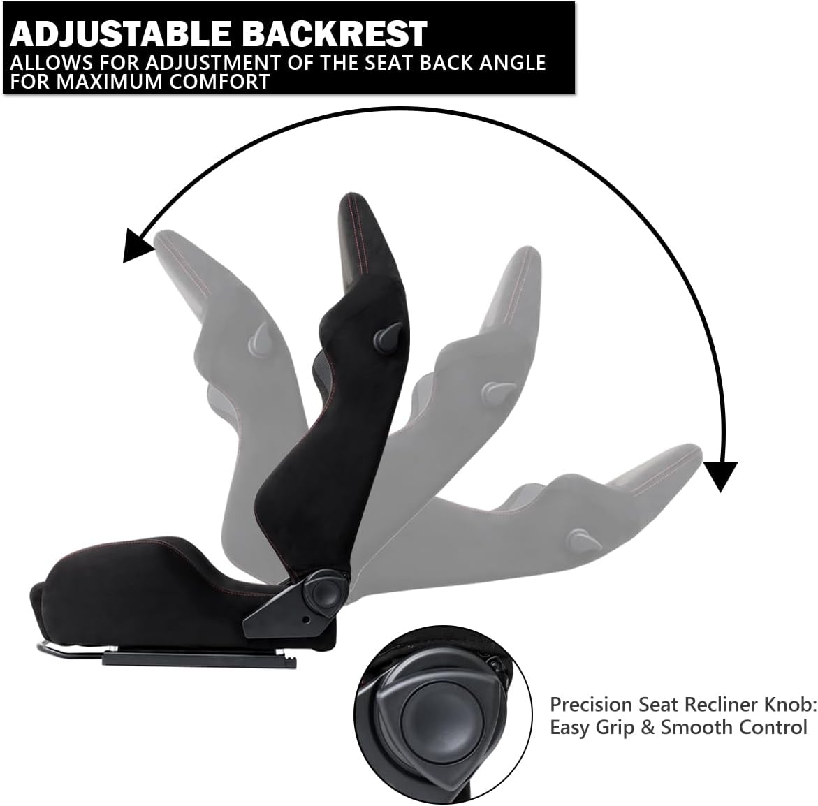 Spec-D Tuning Black Premium Suede, Red Stitching, Fully Reclinable Racing Seats w/Dual Sliders, 4 Point Harness Compatible, Left + Right Pair 2 Seats
