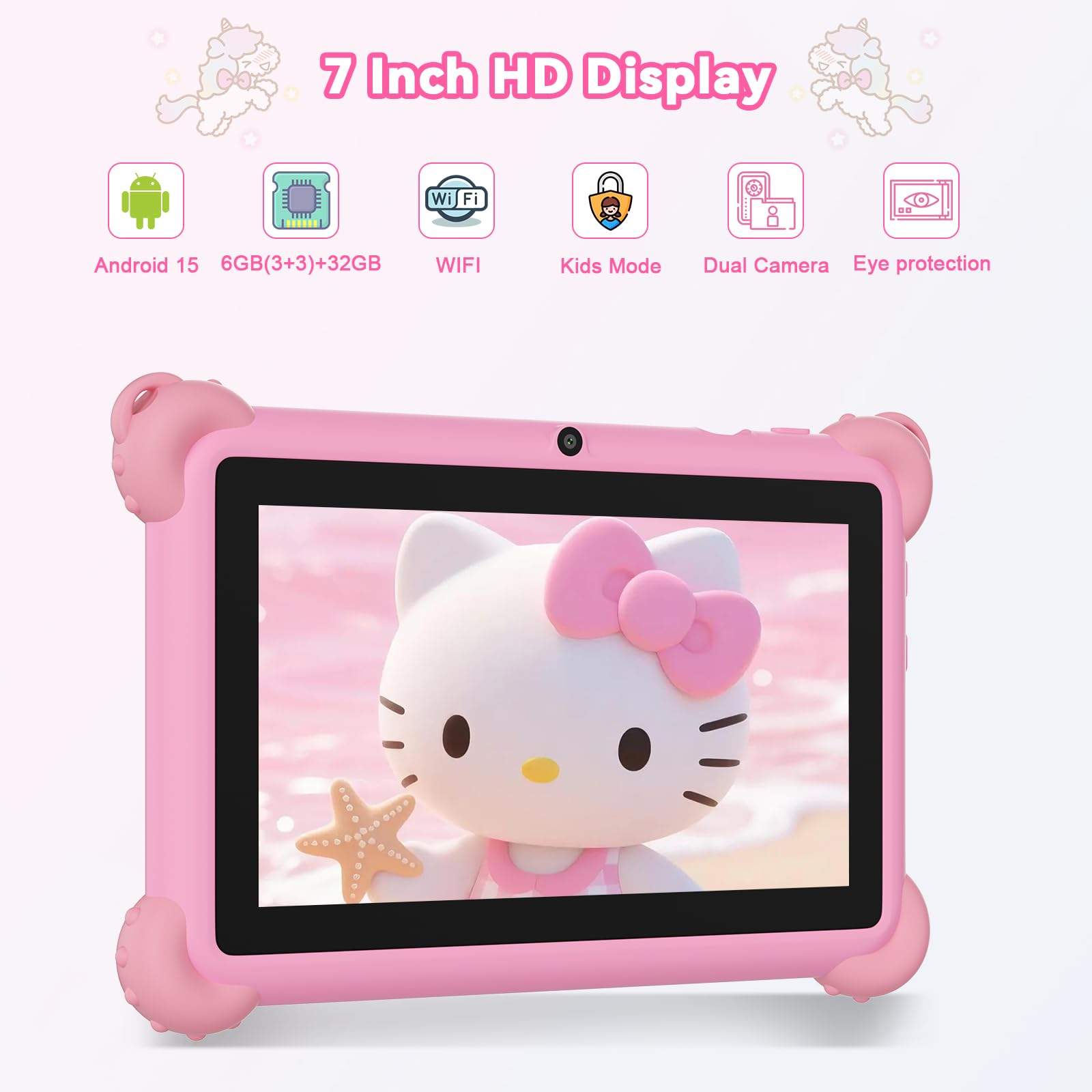 C idea Tablet da 7 Pollici per Bambini, Android 15, 6GB RAM + 32GB ROM, 1024x600, Batteria 2500mAh, WiFi e Bluetooth, App per Bambini Preinstallate (Rosa)