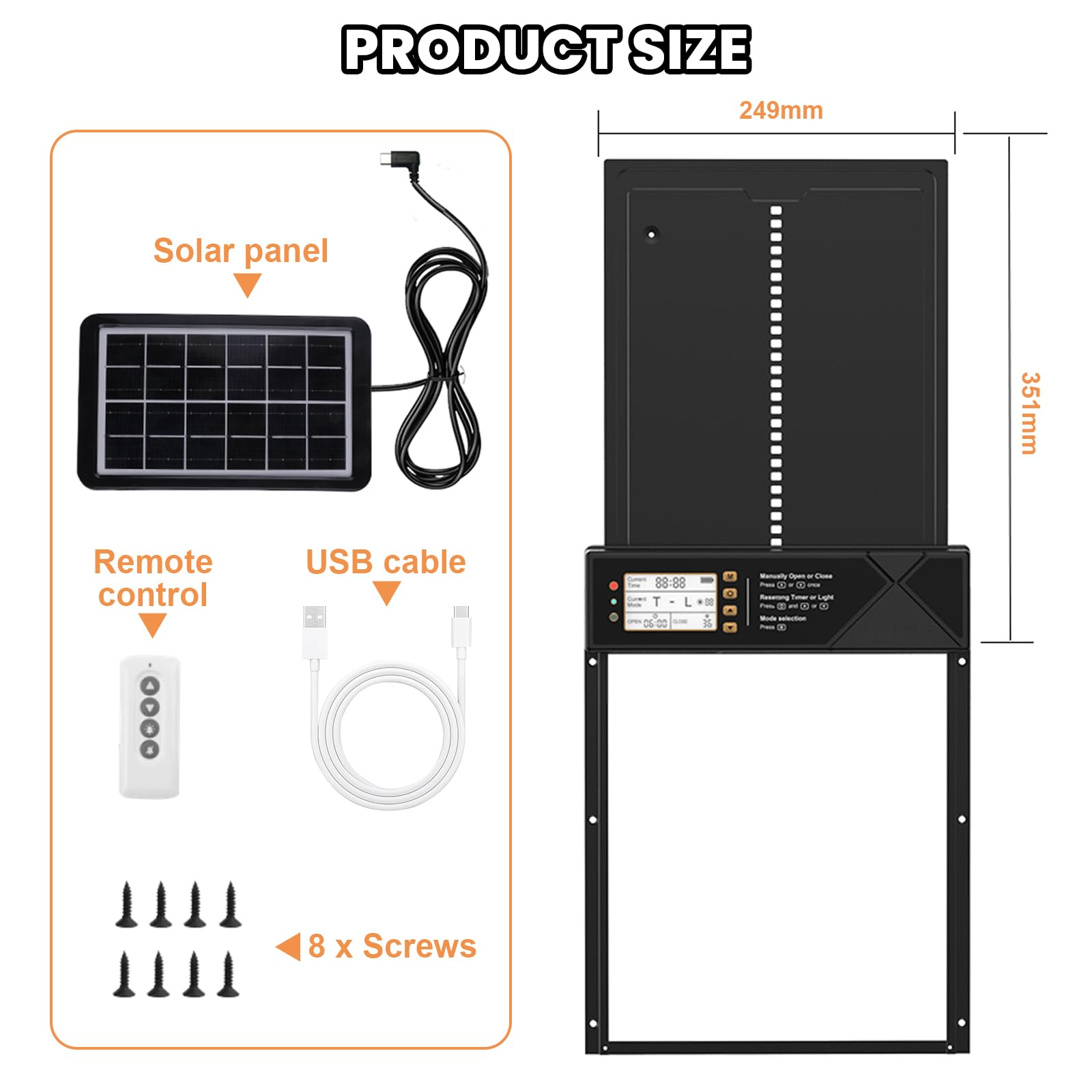 Porta automatica per pollaio solare, apriporta elettrico per pollaio, con display impermeabile, con design anti-pizzicamento, con sensore di luce, con telecomando, con temporizzazione