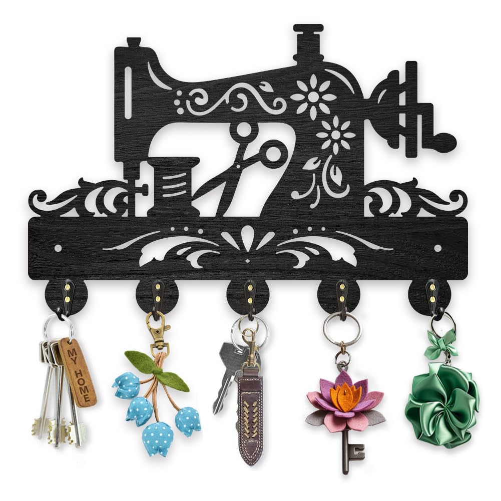 MAYJOYDIY Wooden Sewing Machine Pattern Key Hook Wall Mounted 30 x 20 cm Floral Flower Coat Hooks Black Art Hat Racks with 5 Alloy Hooks for Entryway Bedroom Living Room — image 1