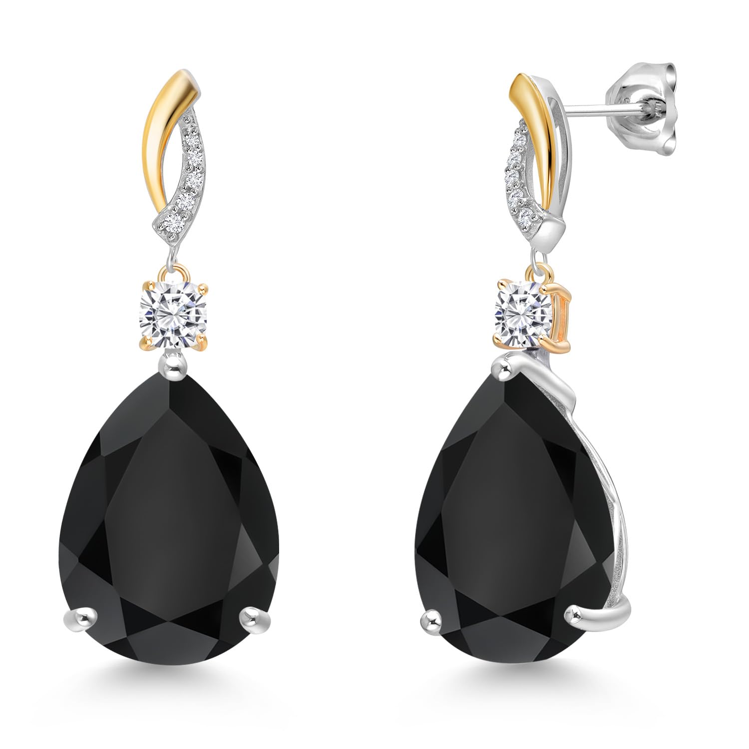 Gem Stone King 20.51 Cttw Black Onyx White Moissanite and White Lab Grown Diamond Earrings For Women | 925 Silver and 10K Yellow Gold | Gemstone Birthstone | Pear Shape 18X13MM