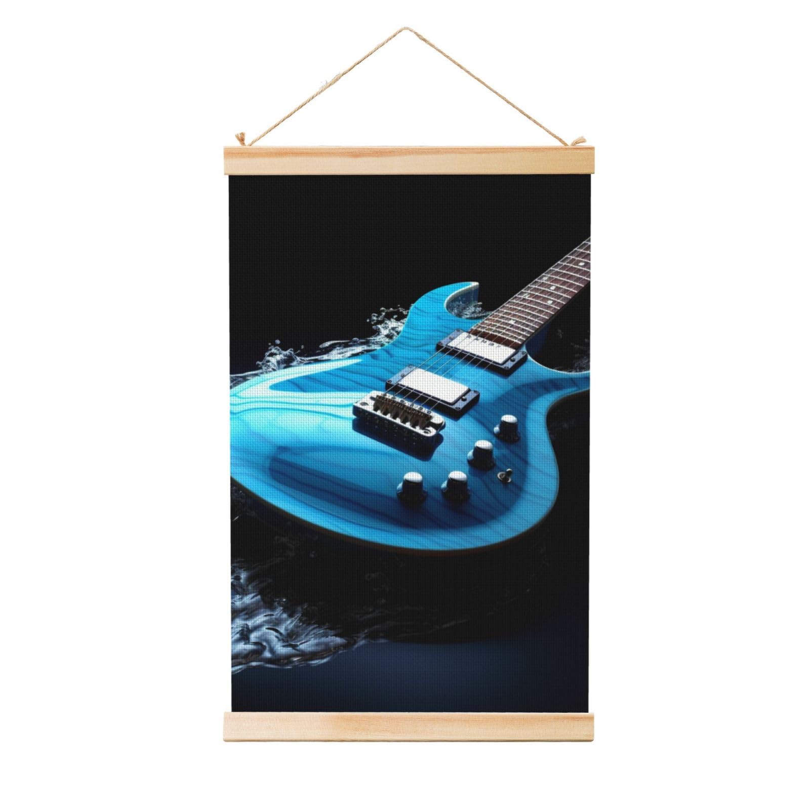 Blue Guitar Poster Wooden Shaft Hanging Poster Wall Hanging Banner Canvas Artwork with Wood Frames 16"x24" Modern Artwork Decor Ready to Hang Wall Art for Home Decor Scroll Painting