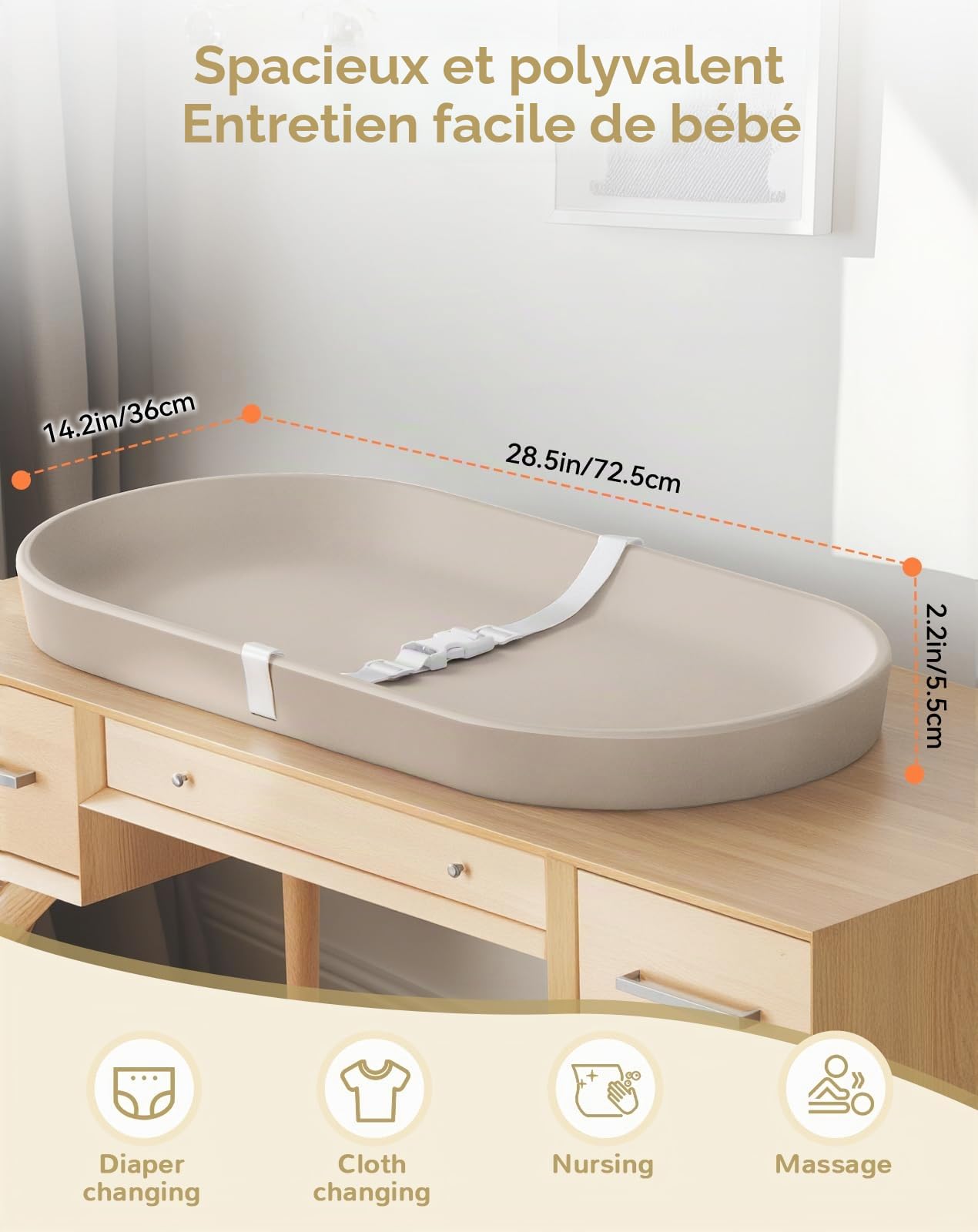 COMOMY Matelas à langer imperméable, anti-roulement, avec sangle de sécurité, facile à nettoyer, 72,5 x 36 cm, pour commode et table, couleur avoine