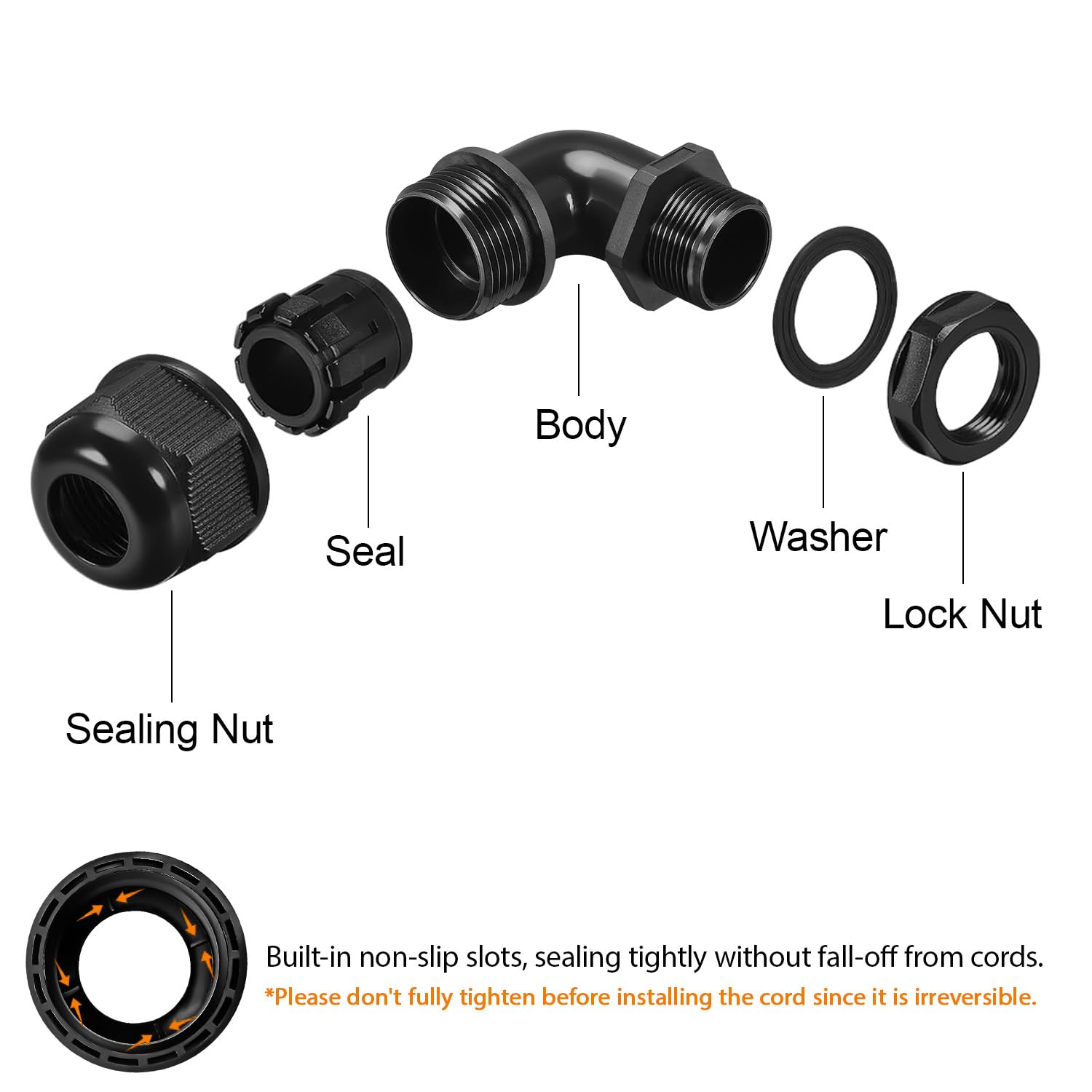 LeMotech M20 Kabelverschraubung, 90 Grad verstellbar, 9–14 mm Zugentlastung, Kabelverbinder, Nylongelenke mit Dichtungen, 6 Stück, Schwarz