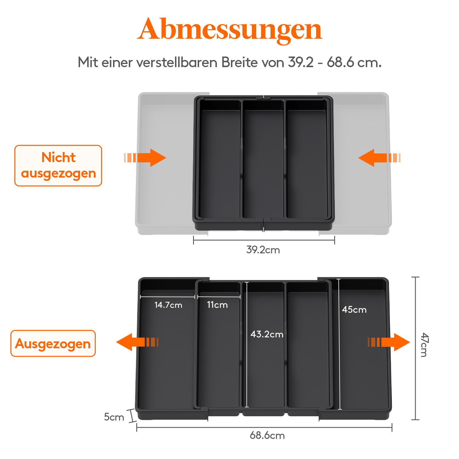 Lifewit Besteckkasten für Schubladen, Großer Utensilienständer Erweiterbar auf 69 cm, verstellbarer Kunststoff Organizer Küche Tiefe 47 cm, Besteckeinsatz für Messer/Gabel, Schwarz