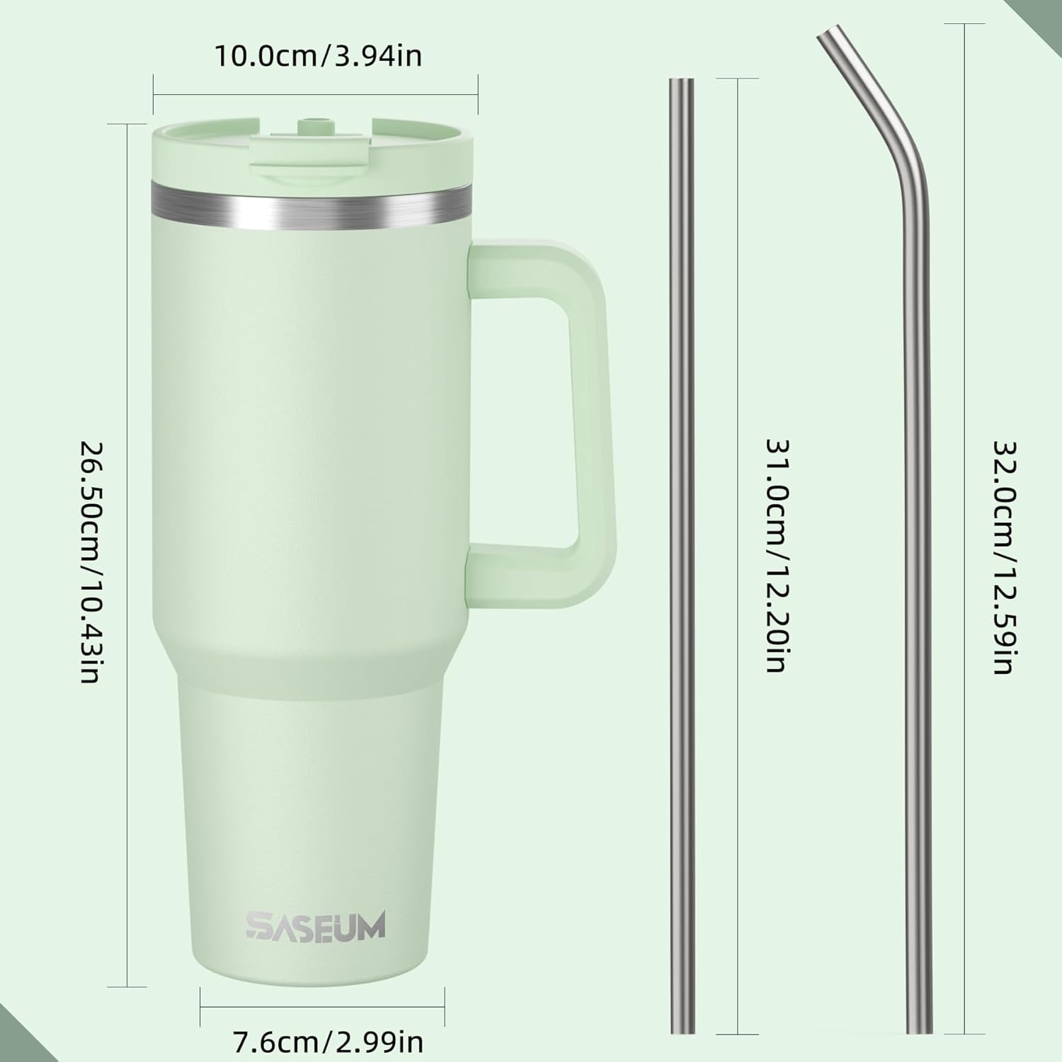 40 oz Tumbler with Handle and Straw, Vacuum Insulated Stainless Steel Travel Mug with Leak-Proof Lid and 2 Reusable Metal Straws, Double Wall BPA-Free Cup for Hot & Cold Beverages – Mint Grey Green - Image 8
