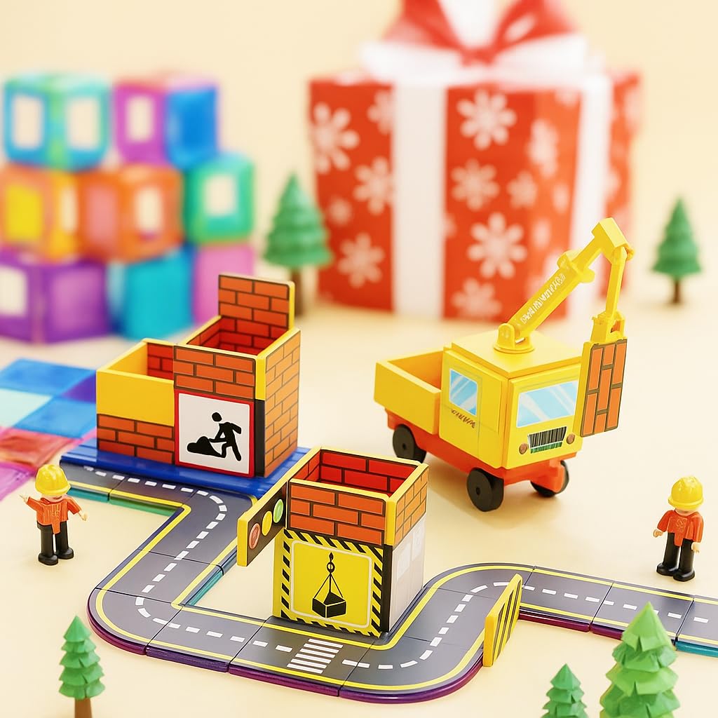 Magnetic Road & Construction Tiles Set – Track + Crane, Workers, Cars – STEM Building Toy for Kids Ages 3+ – Compatible with Magna-Tiles & PicassoTiles