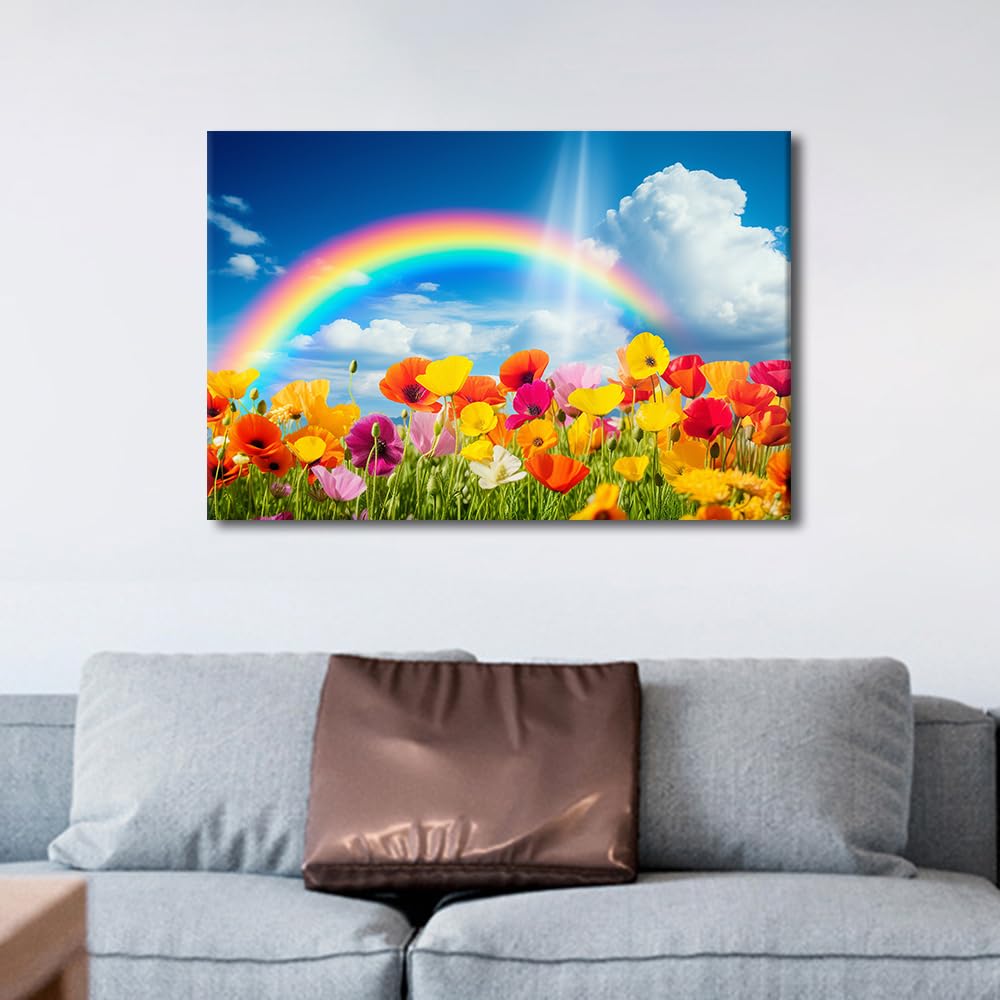 TISHIRON 1 Piece Rainbow Picture Home Decorations for Living Room Poppy Canvas Prints Painting Colorful Flowers Wall Art Family Wall Office Room Decor Pray Canvas Framed Wall Hang - Image 4